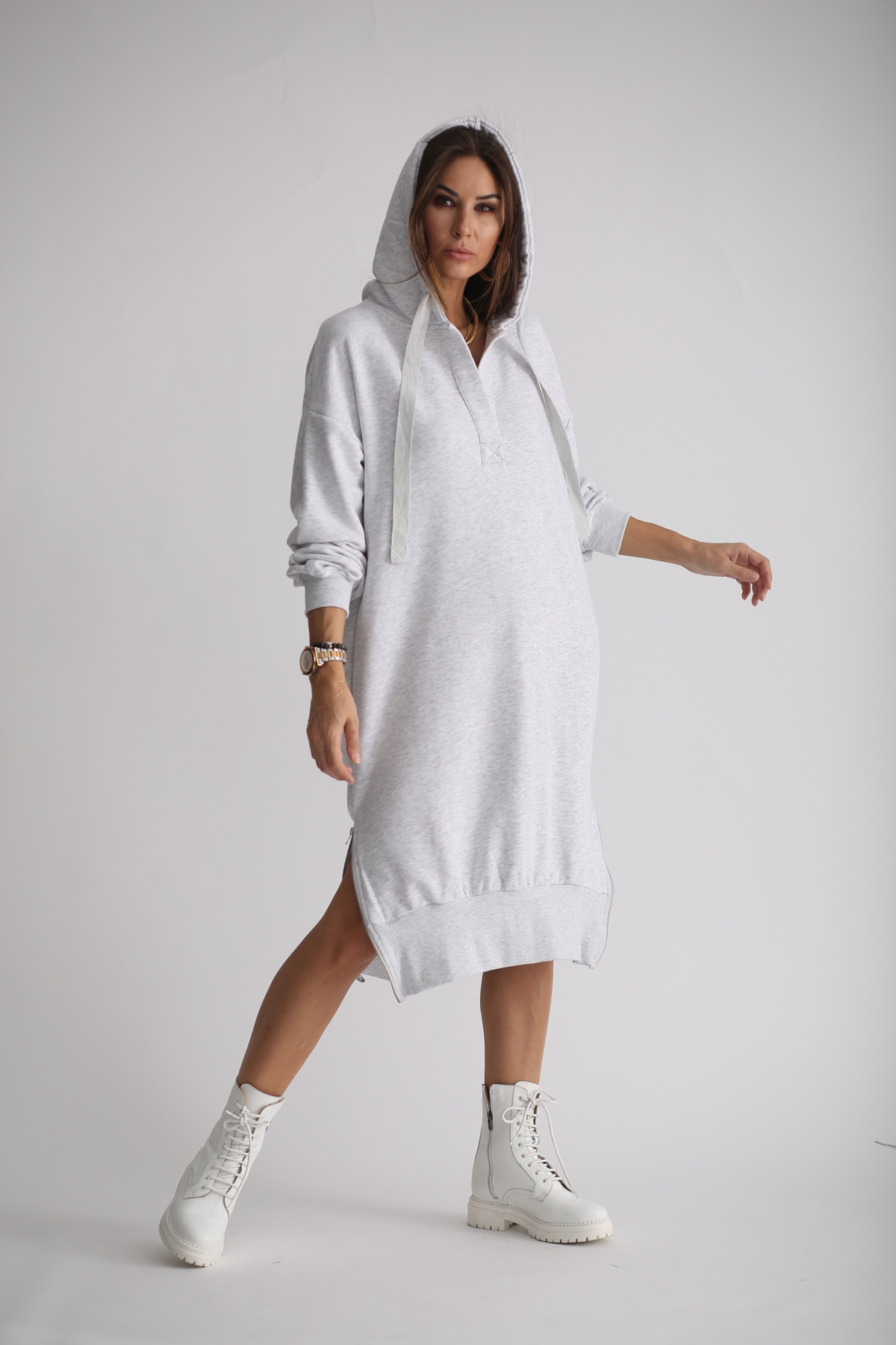 Gri Yandan Fermuarlı Sweat Elbise 4939
