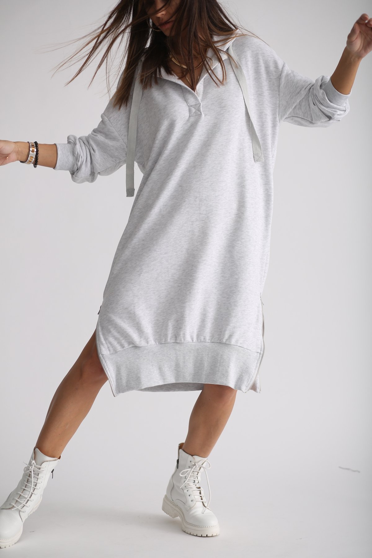 Gri Yandan Fermuarlı Sweat Elbise 4939