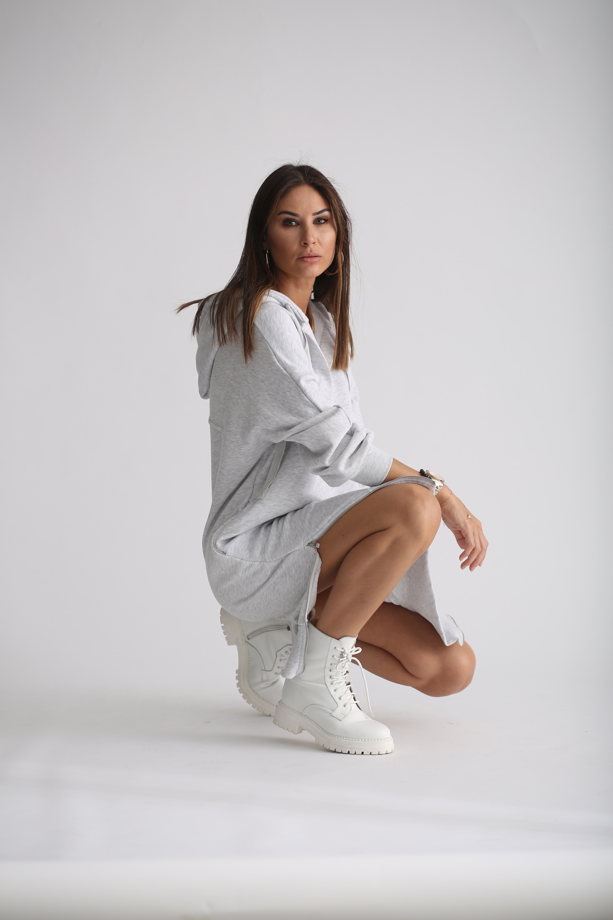 Gri Yandan Fermuarlı Sweat Elbise 4939