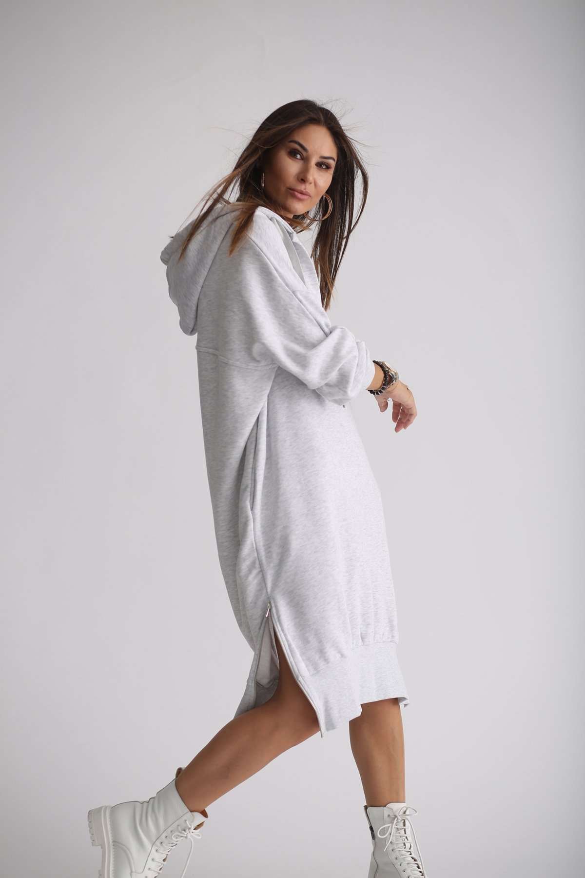 Gri Yandan Fermuarlı Sweat Elbise 4939