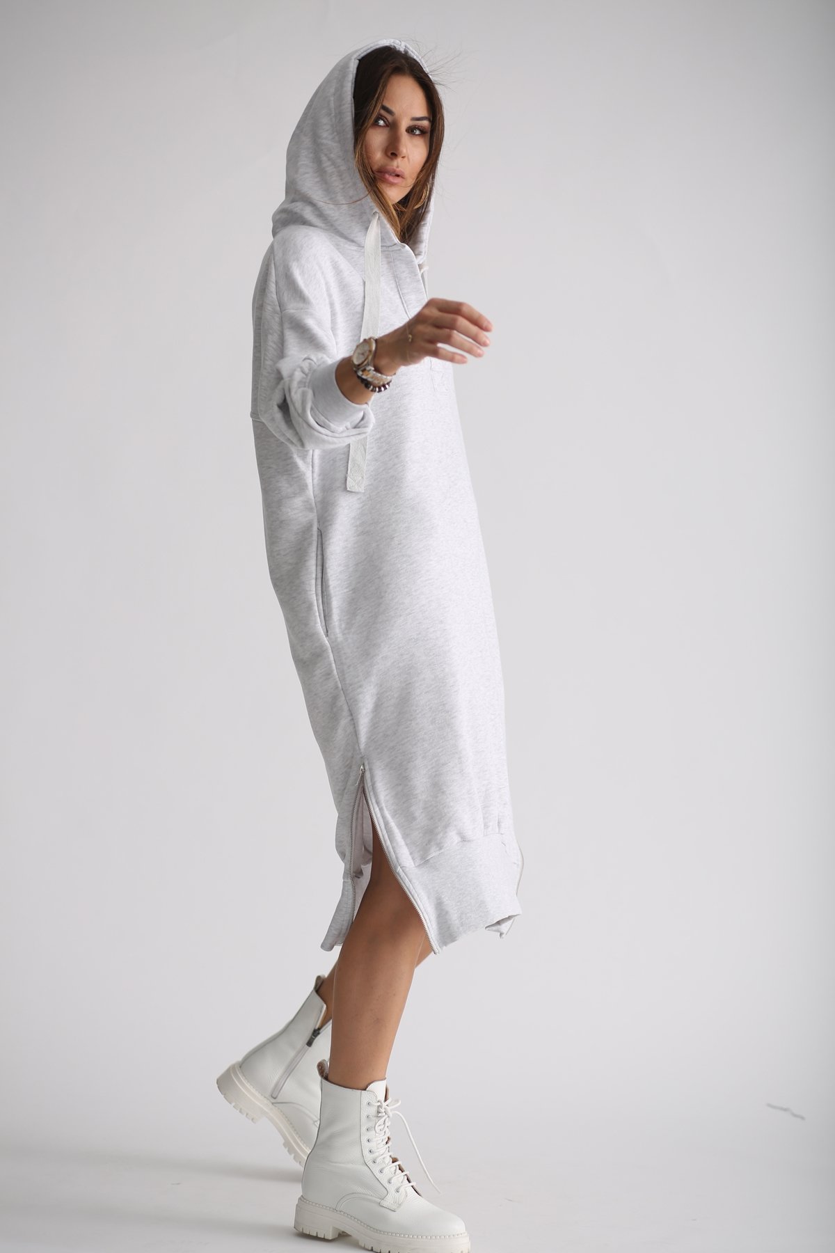 Gri Yandan Fermuarlı Sweat Elbise 4939