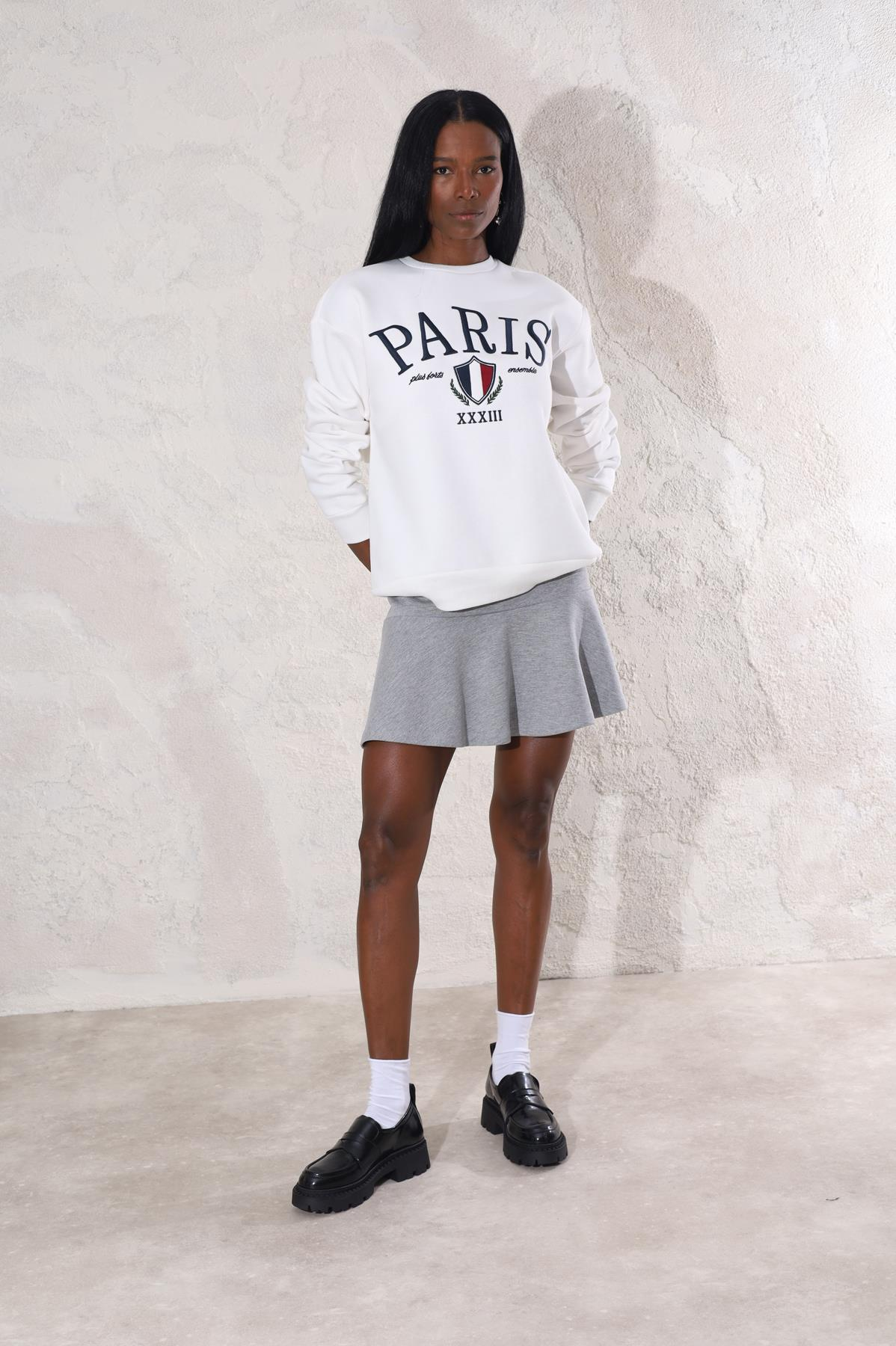 Gri Yanı Fermuarlı Volanlı Mini Etek 