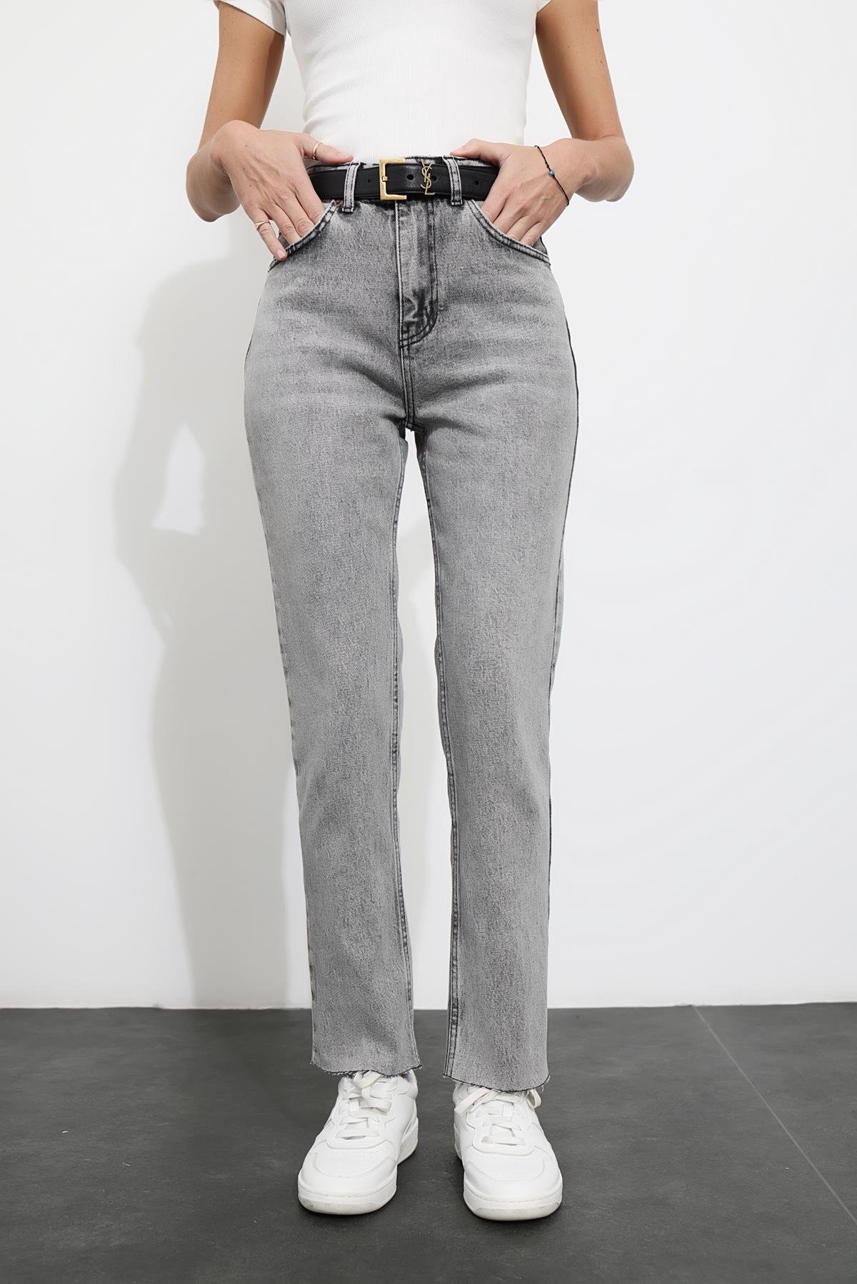 Gri Yüksek Bel Cropped Jean 487