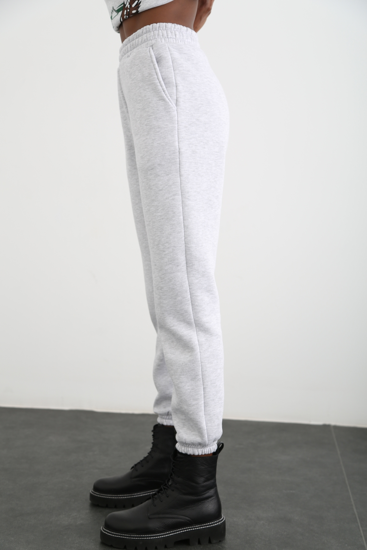 Gri Yüksek Bel Şardonlu Jogger Eşofman 