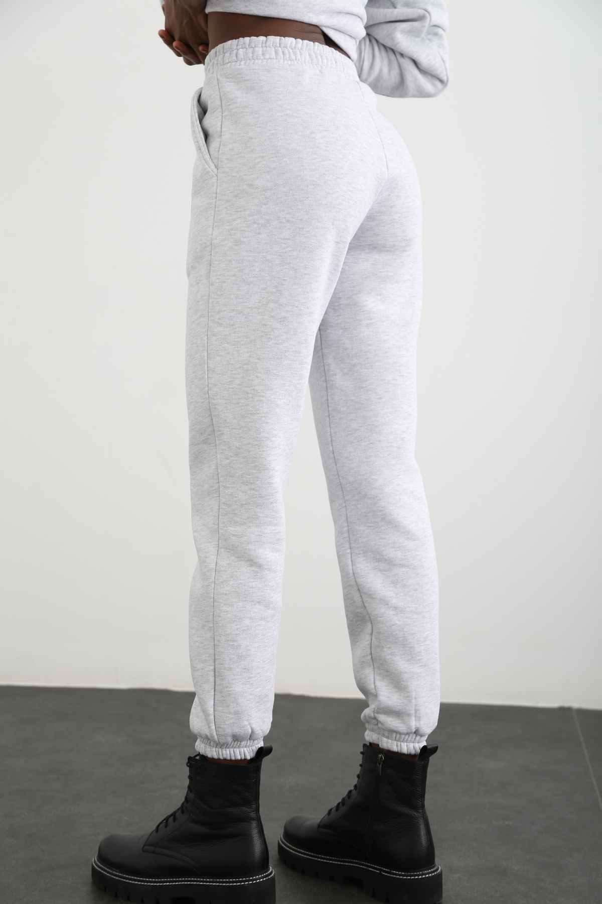 Gri Yüksek Bel Şardonlu Jogger Eşofman 