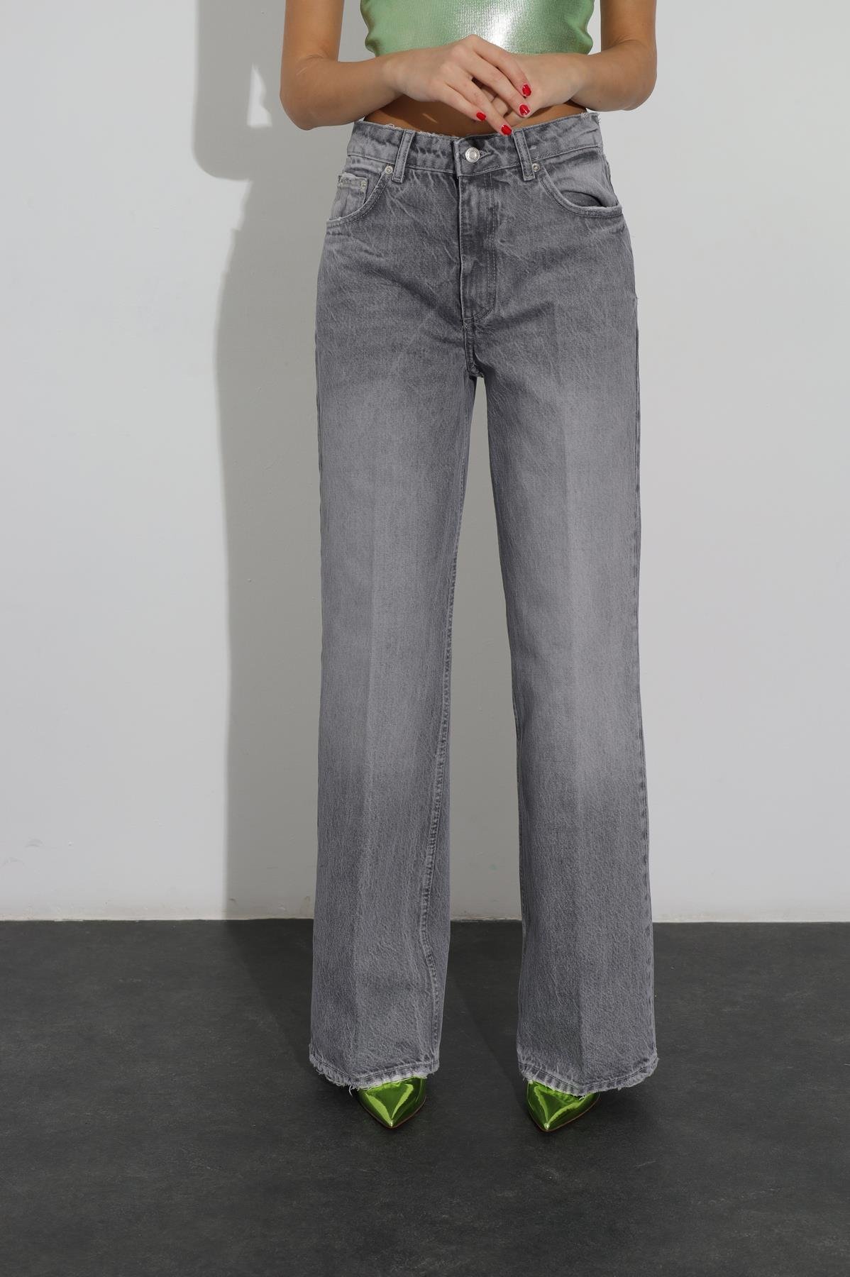 Gri Yüksek Bel Wide Leg Jean 