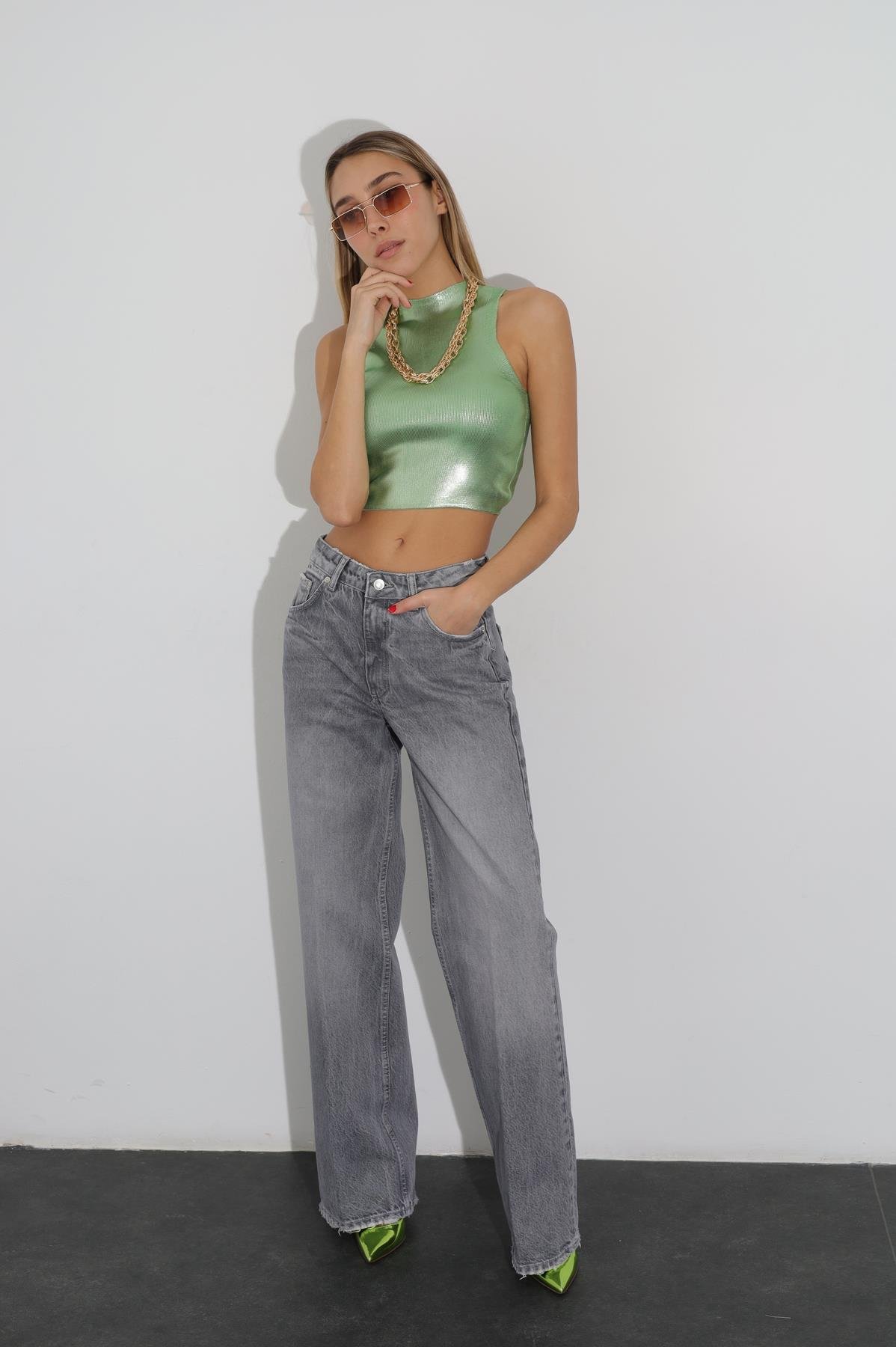 Gri Yüksek Bel Wide Leg Jean 