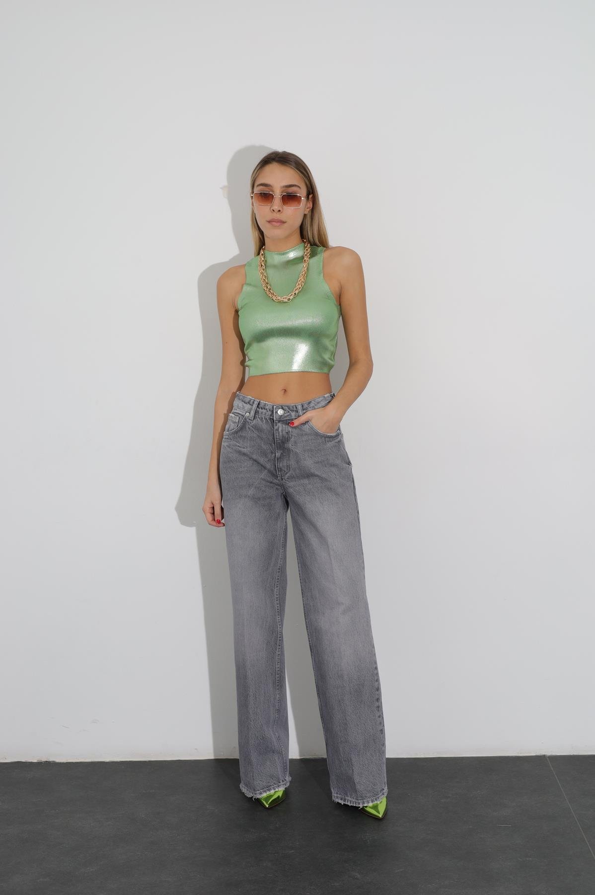 Gri Yüksek Bel Wide Leg Jean 