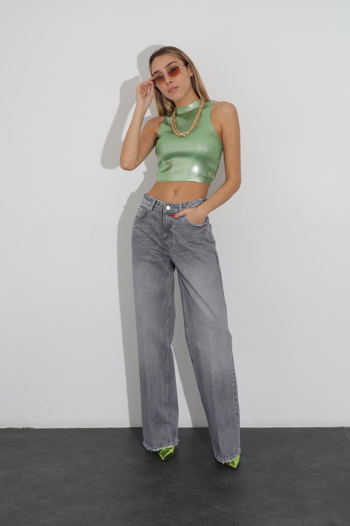 Gri Yüksek Bel Wide Leg Jean 