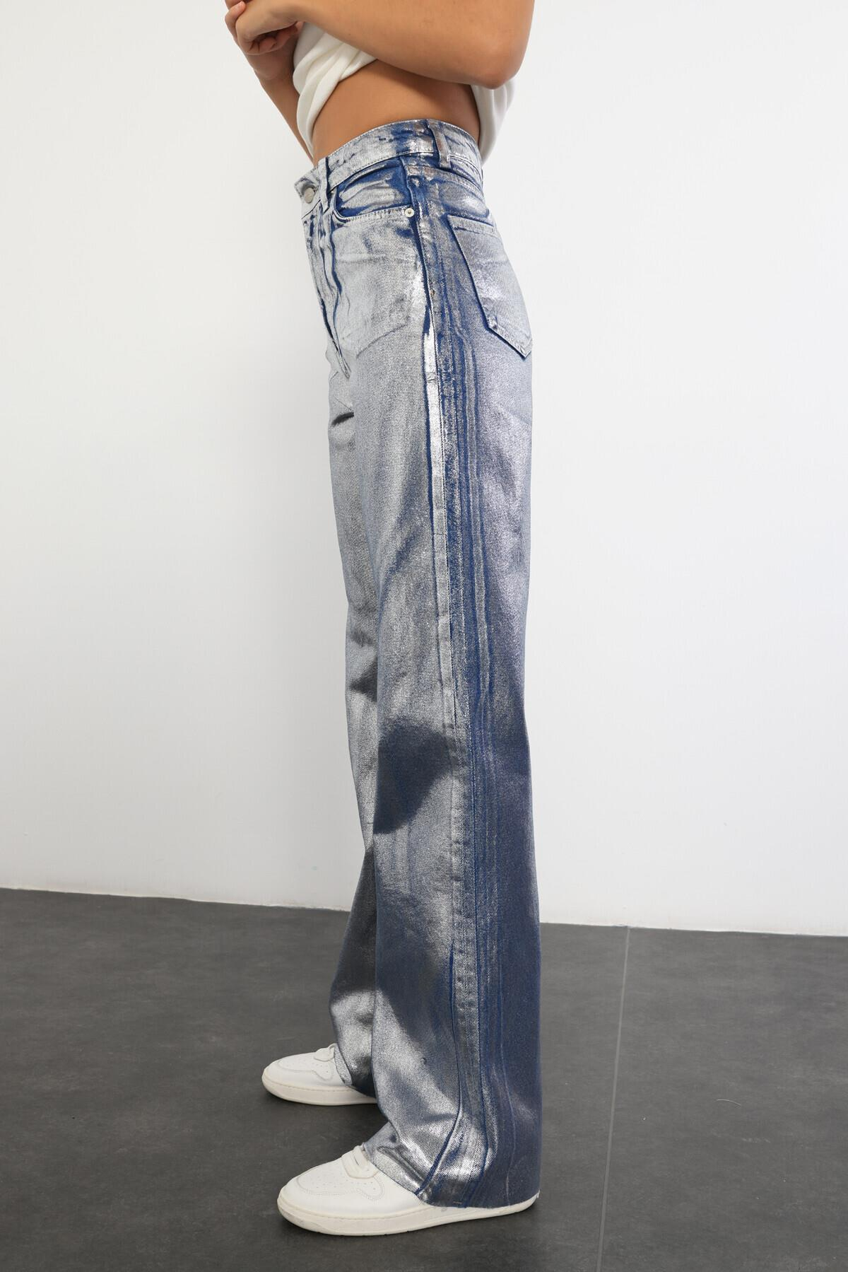 Gümüş Yüksek Bel Kaplamalı Jean 