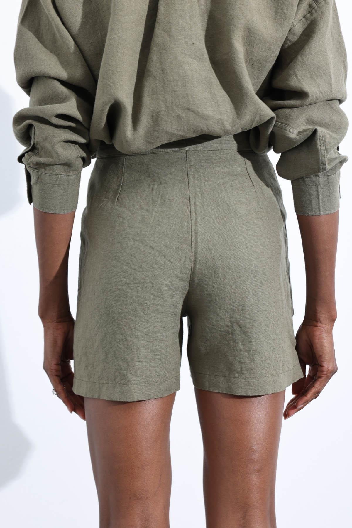 Haki %100 Keten Klasik Şort 