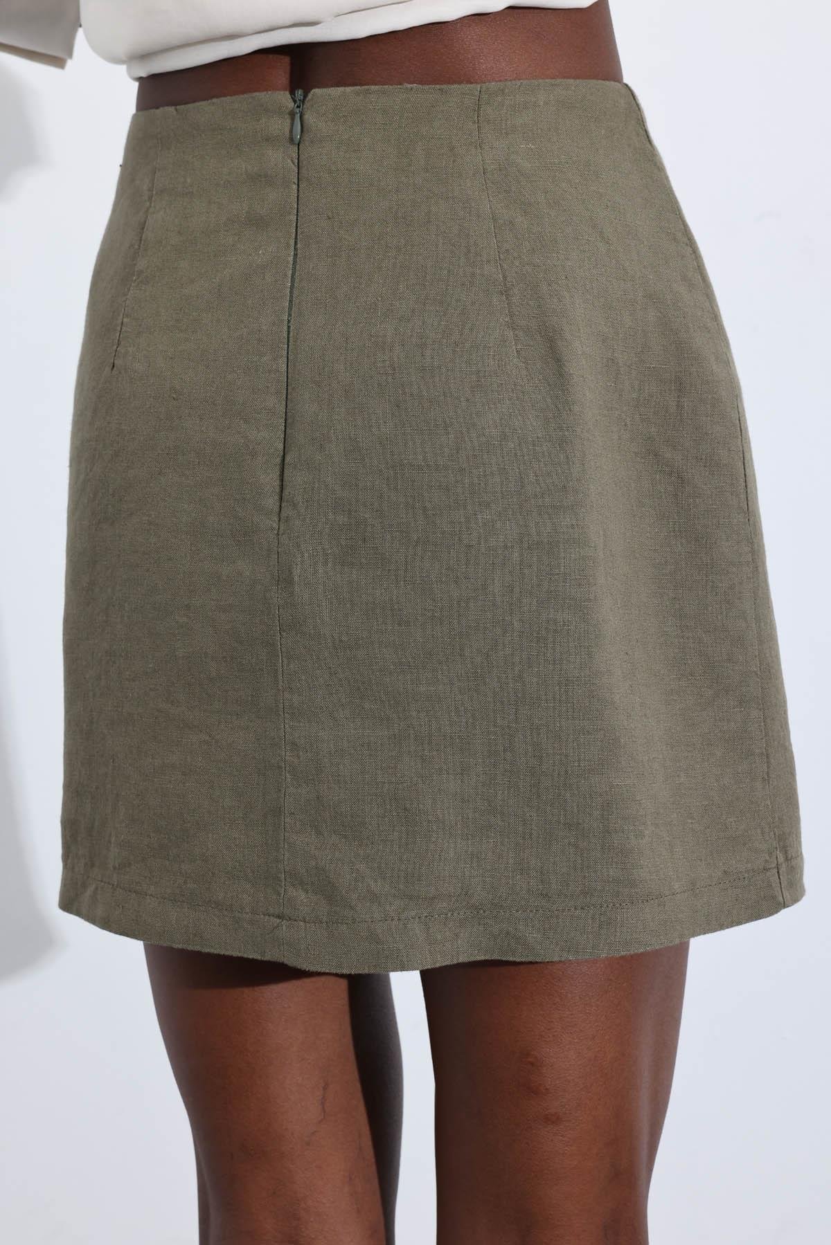 Haki %100 Keten Mini Etek 