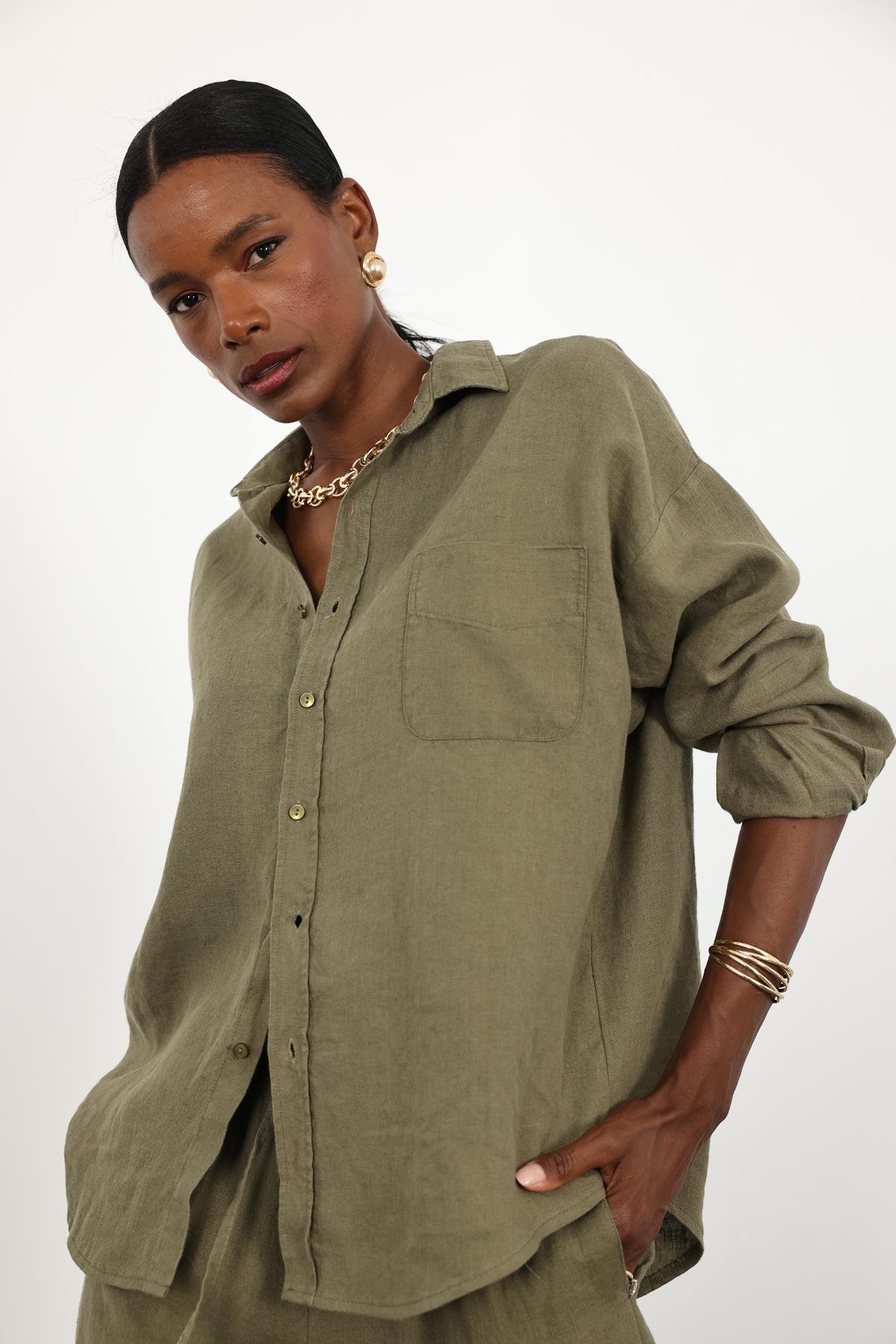Haki %100 Keten Oversize Gömlek 
