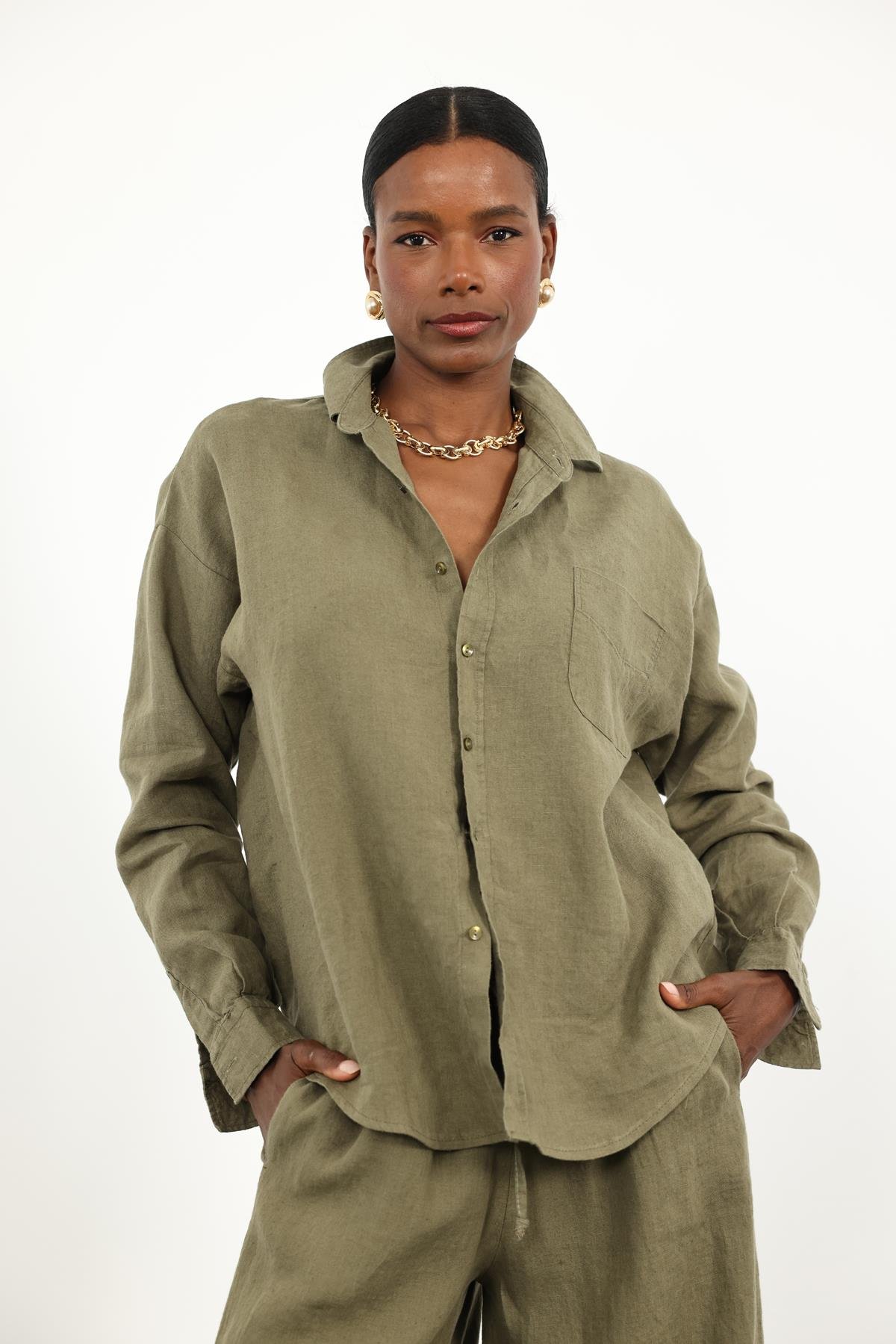 Haki %100 Keten Oversize Gömlek 