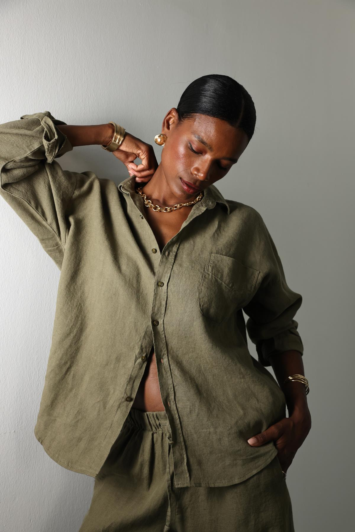Haki %100 Keten Oversize Gömlek 