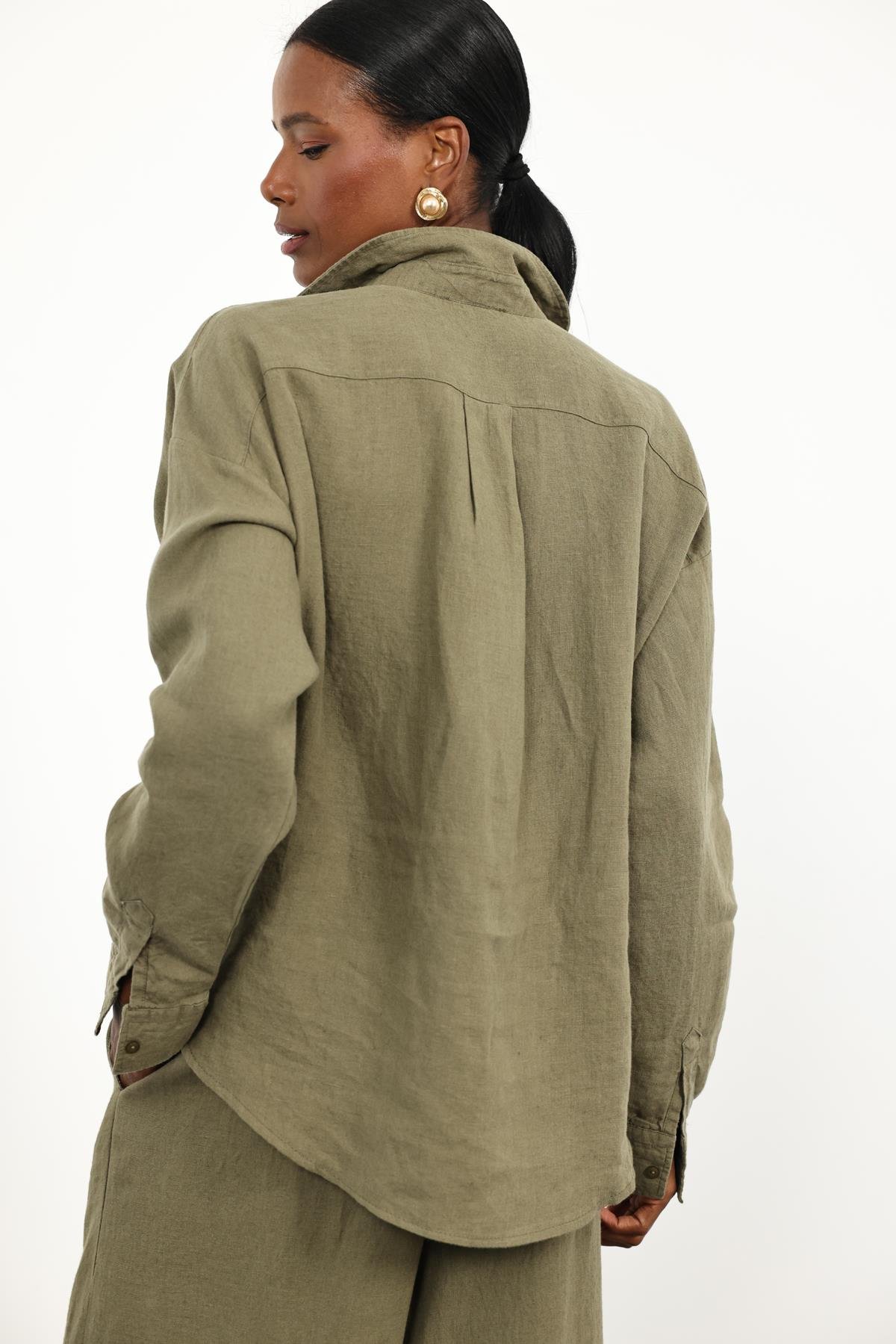 Haki %100 Keten Oversize Gömlek 