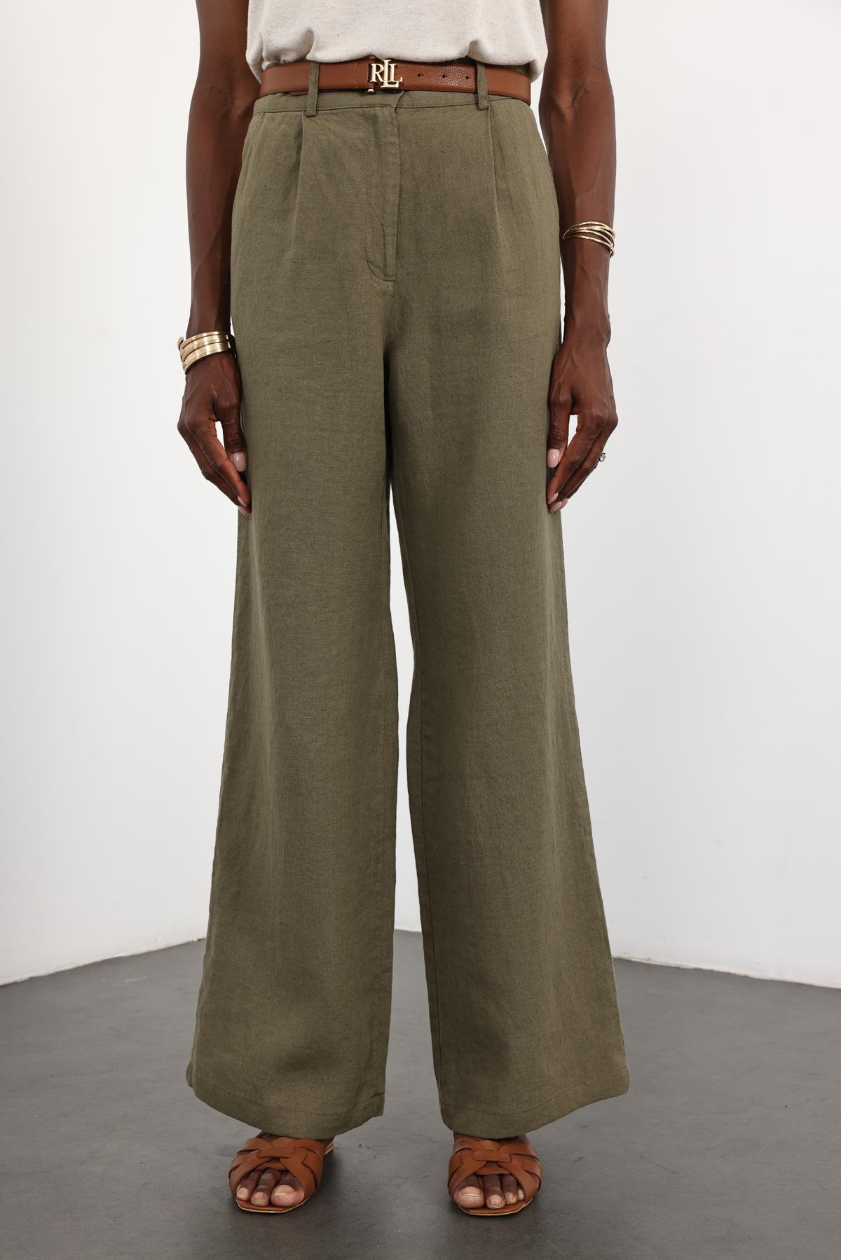 Haki %100 Keten Palazzo Pantolon 