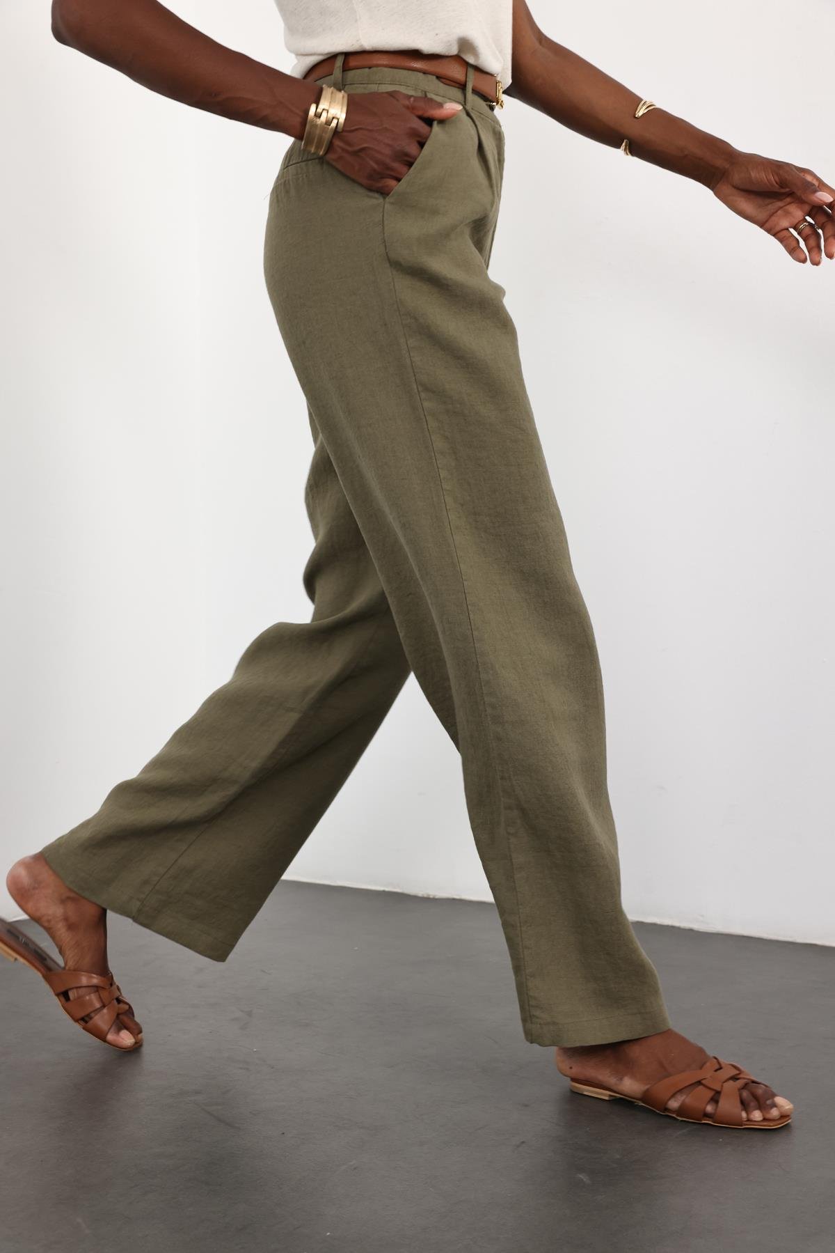 Haki %100 Keten Palazzo Pantolon 