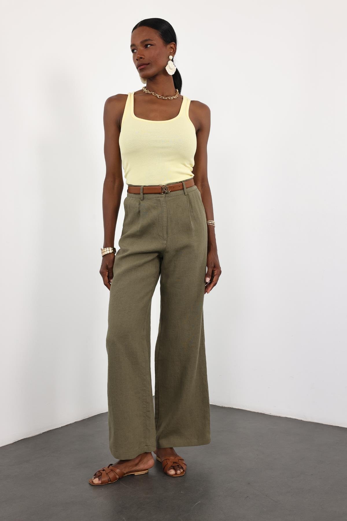 Haki %100 Keten Palazzo Pantolon 