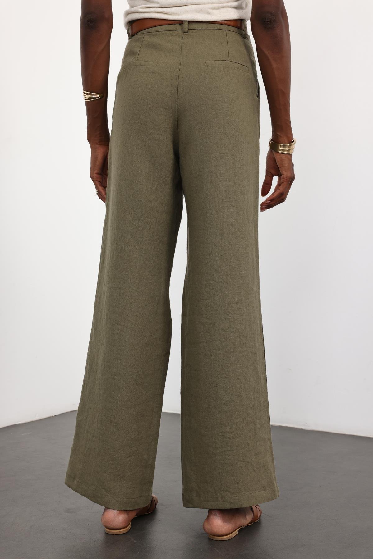 Haki %100 Keten Palazzo Pantolon 