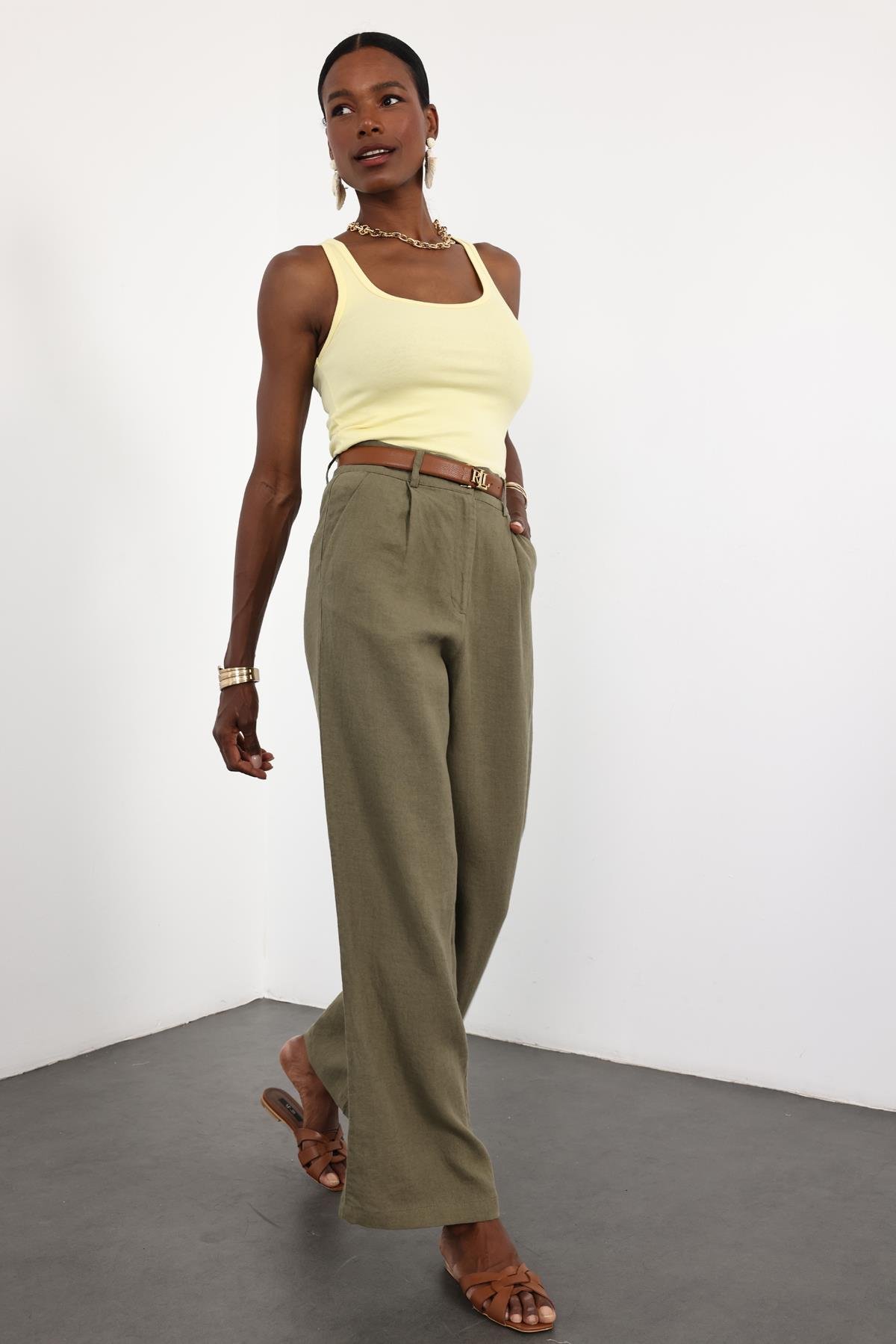Haki %100 Keten Palazzo Pantolon 