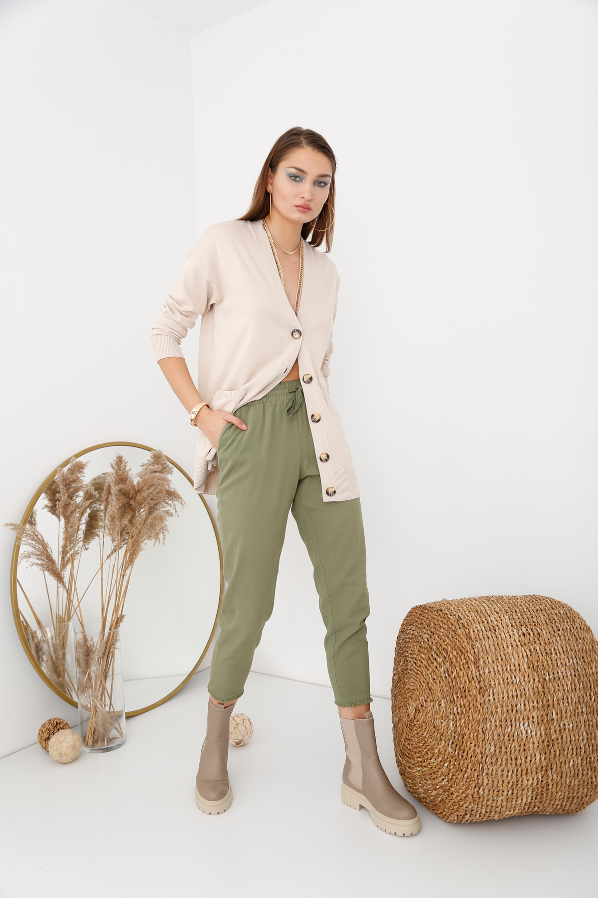 Haki Beli Lastikli Gabardin Pantolon 00104