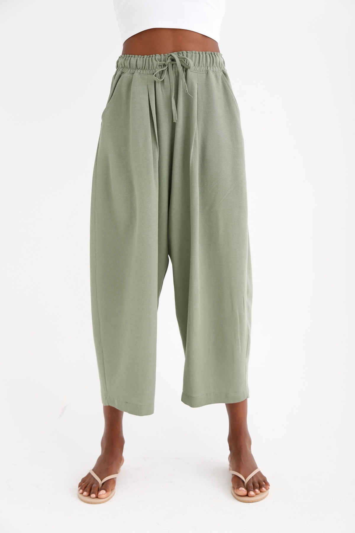 Haki Beli Lastikli Şalvar Pantolon 40030