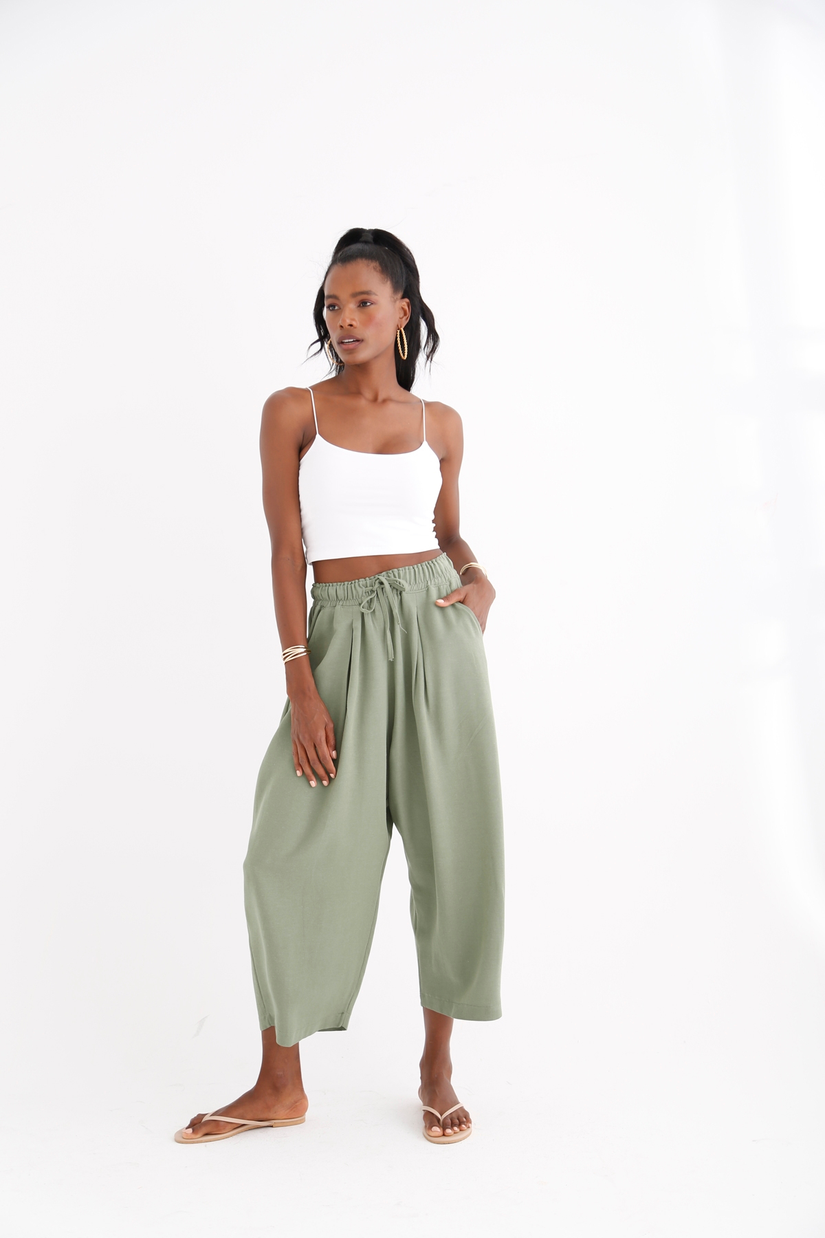 Haki Beli Lastikli Şalvar Pantolon 40030