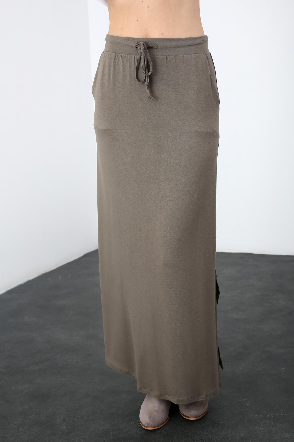 Haki Beli Lastikli Yırtmaçlı Etek 3040