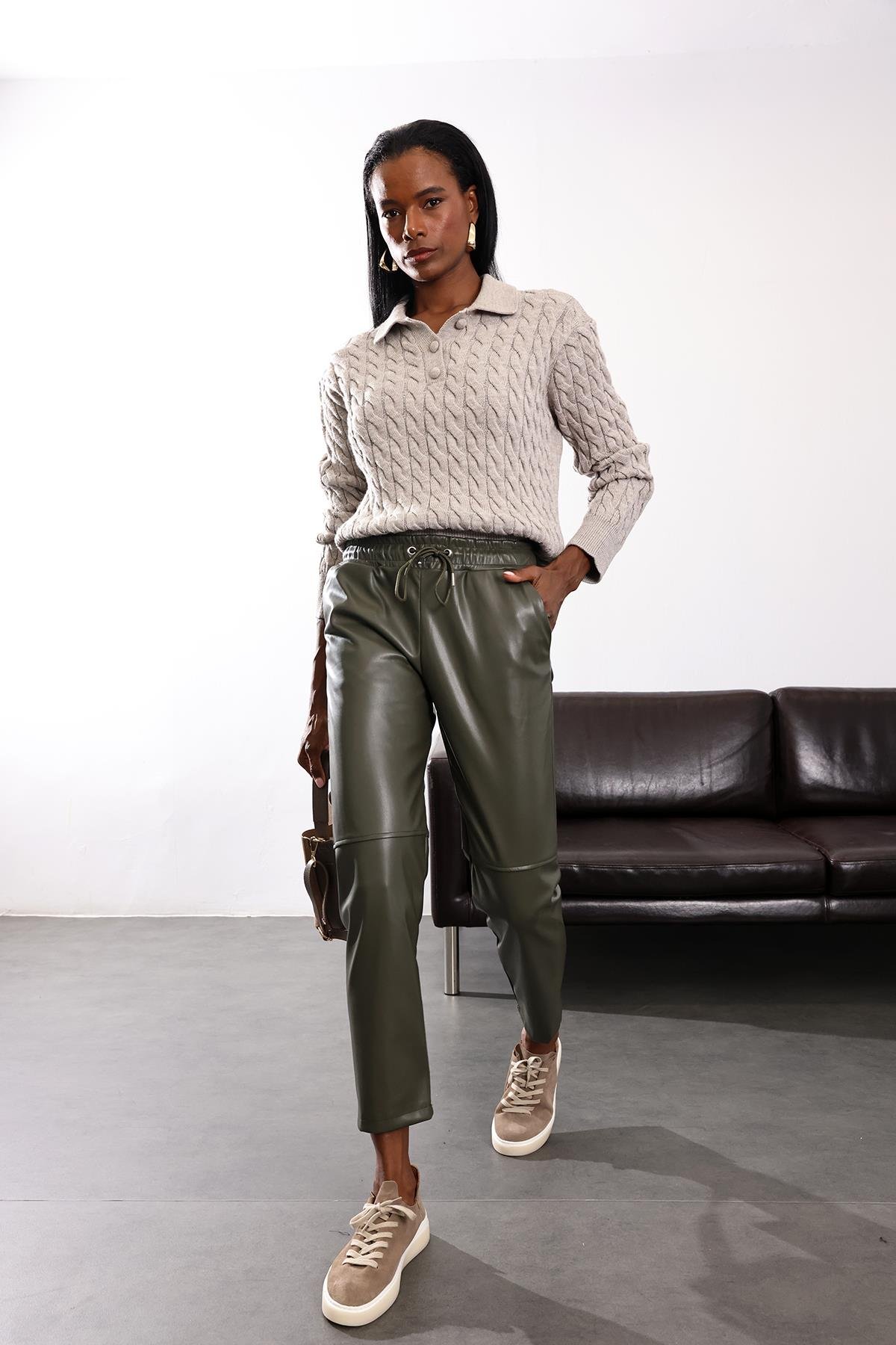 Haki Havuç Deri Pantolon 22022