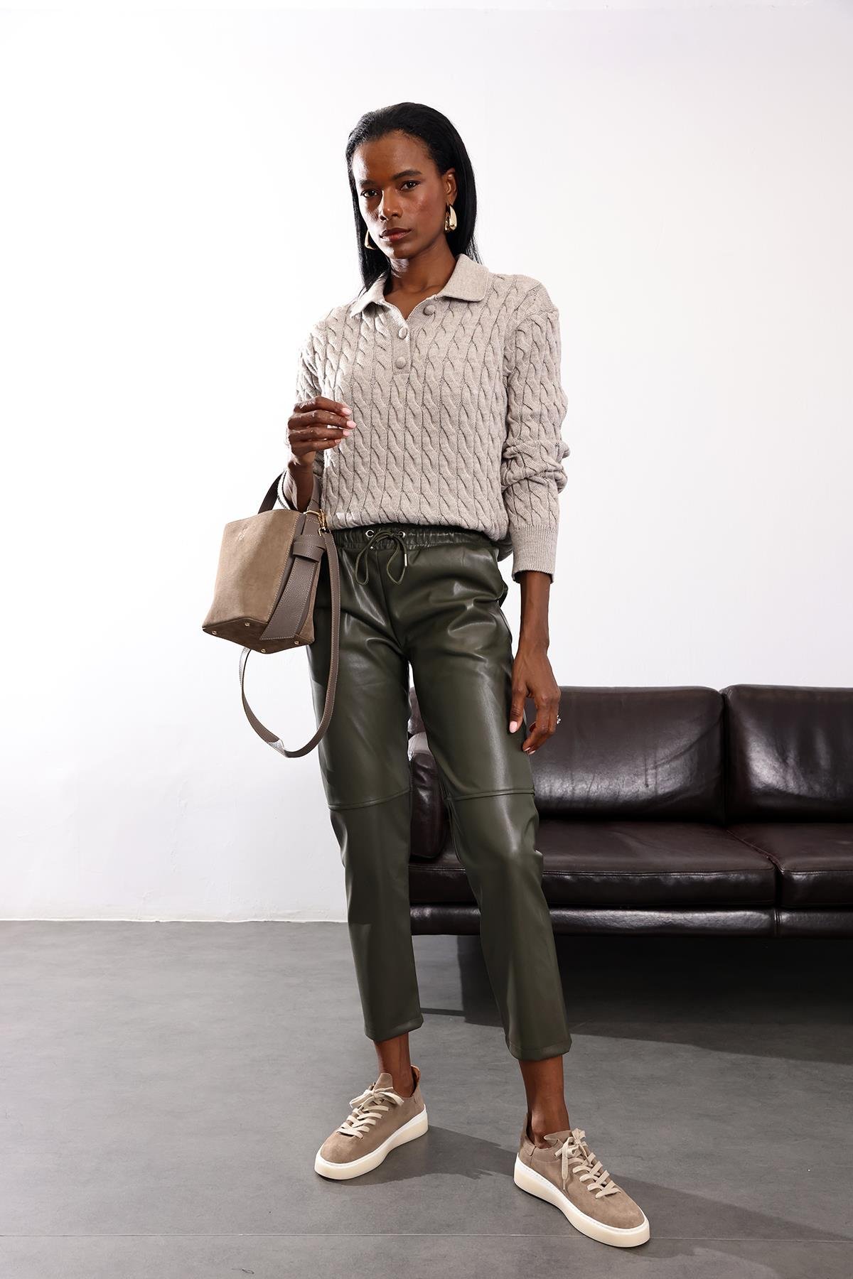 Haki Havuç Deri Pantolon 22022