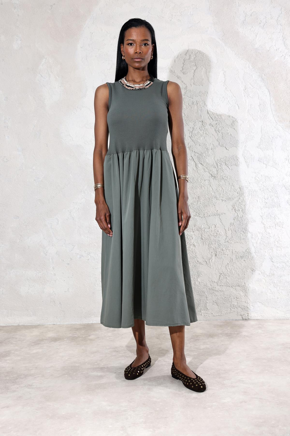 Haki Kontrast Dokulu Midi Elbise 1574