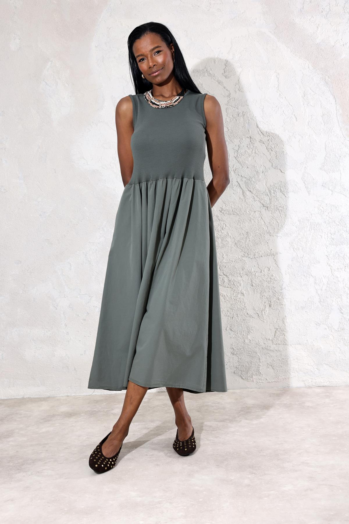 Haki Kontrast Dokulu Midi Elbise 1574