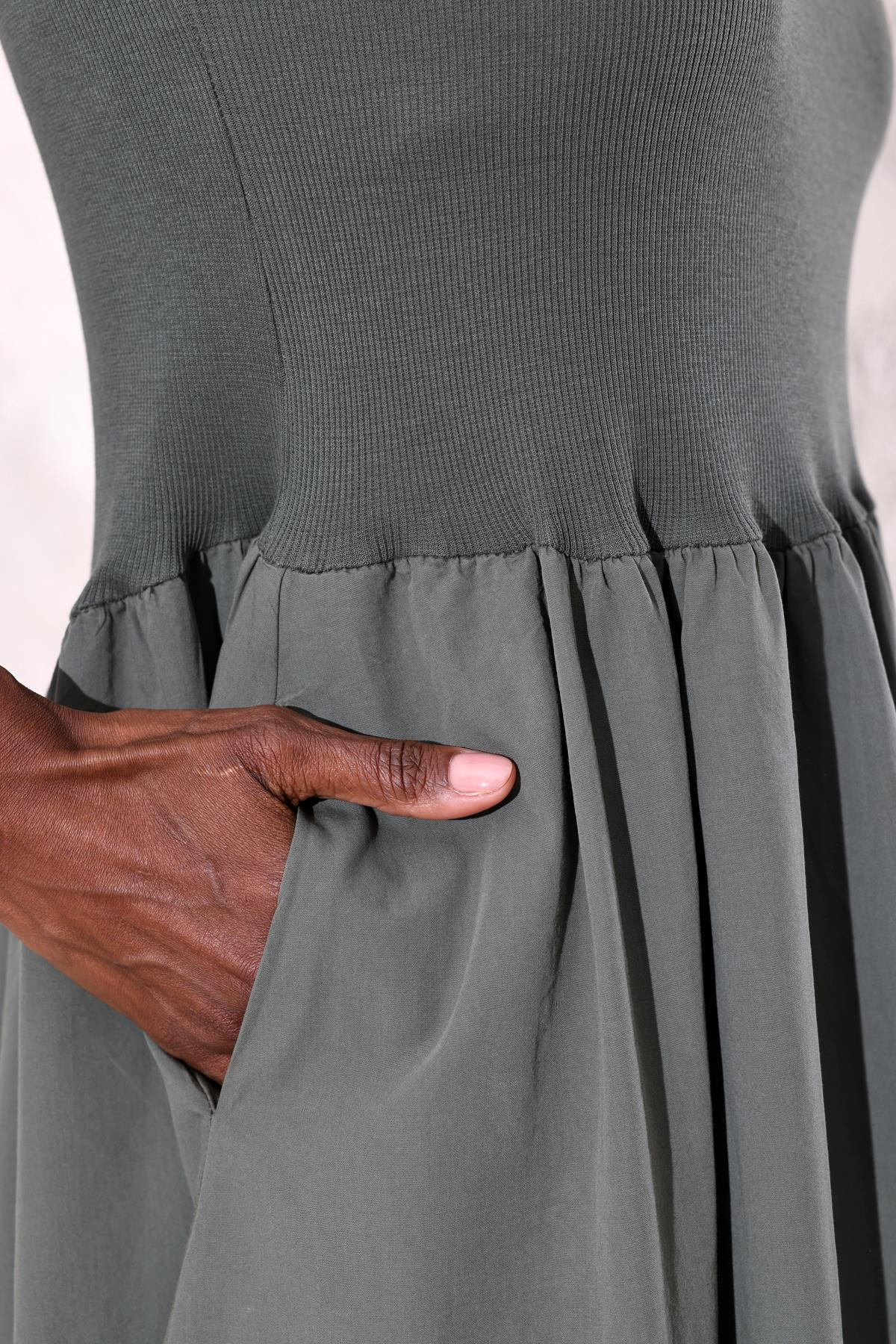 Haki Kontrast Dokulu Midi Elbise 1574