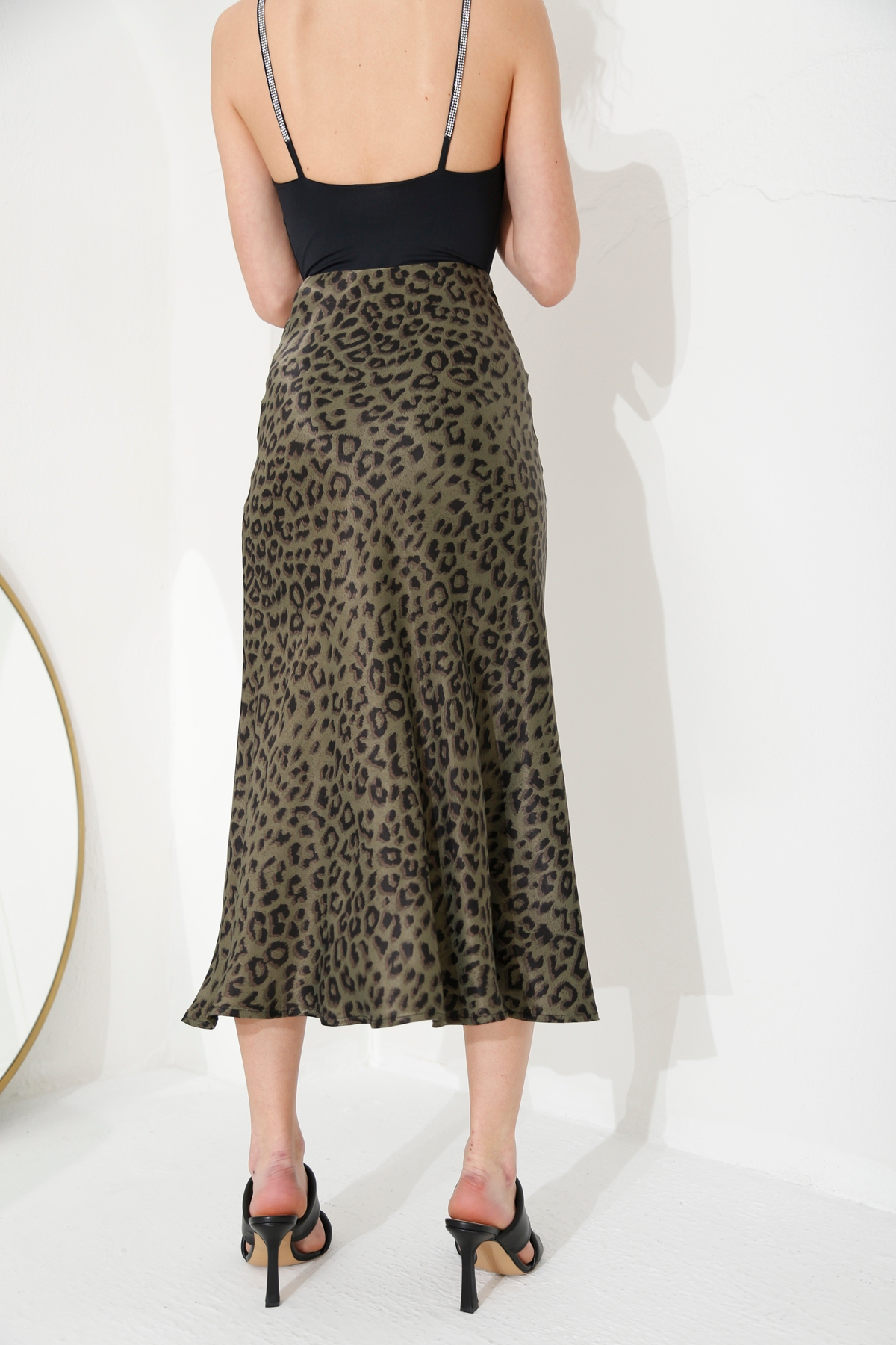 Haki Leopar Desen Saten Etek 13134
