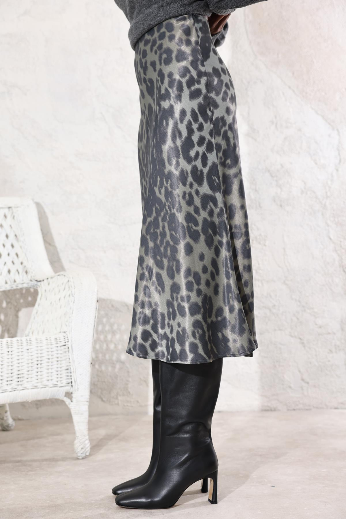 Haki Leopar Desen Saten Verev Etek 16646