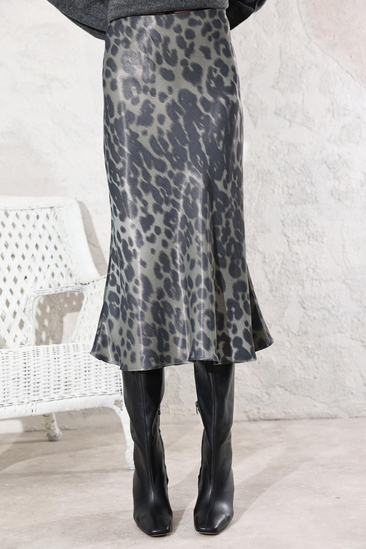 Haki Leopar Desen Saten Verev Etek 16646