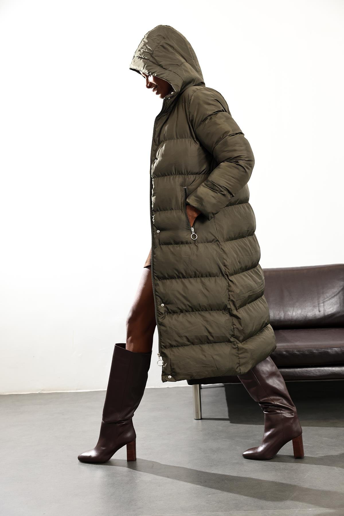 Haki Maxi Boy Şişme Kaban D99744