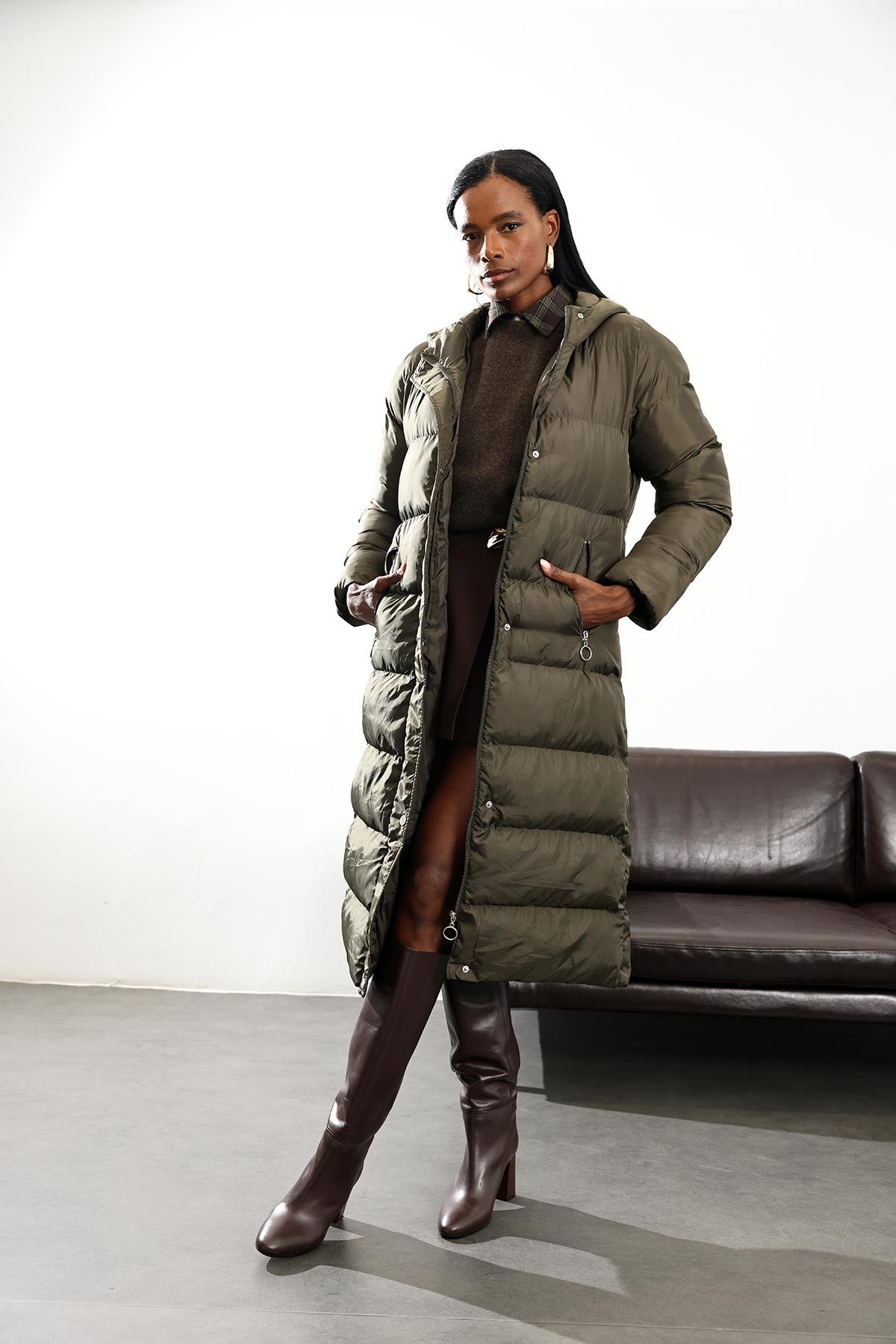 Haki Maxi Boy Şişme Kaban D99744