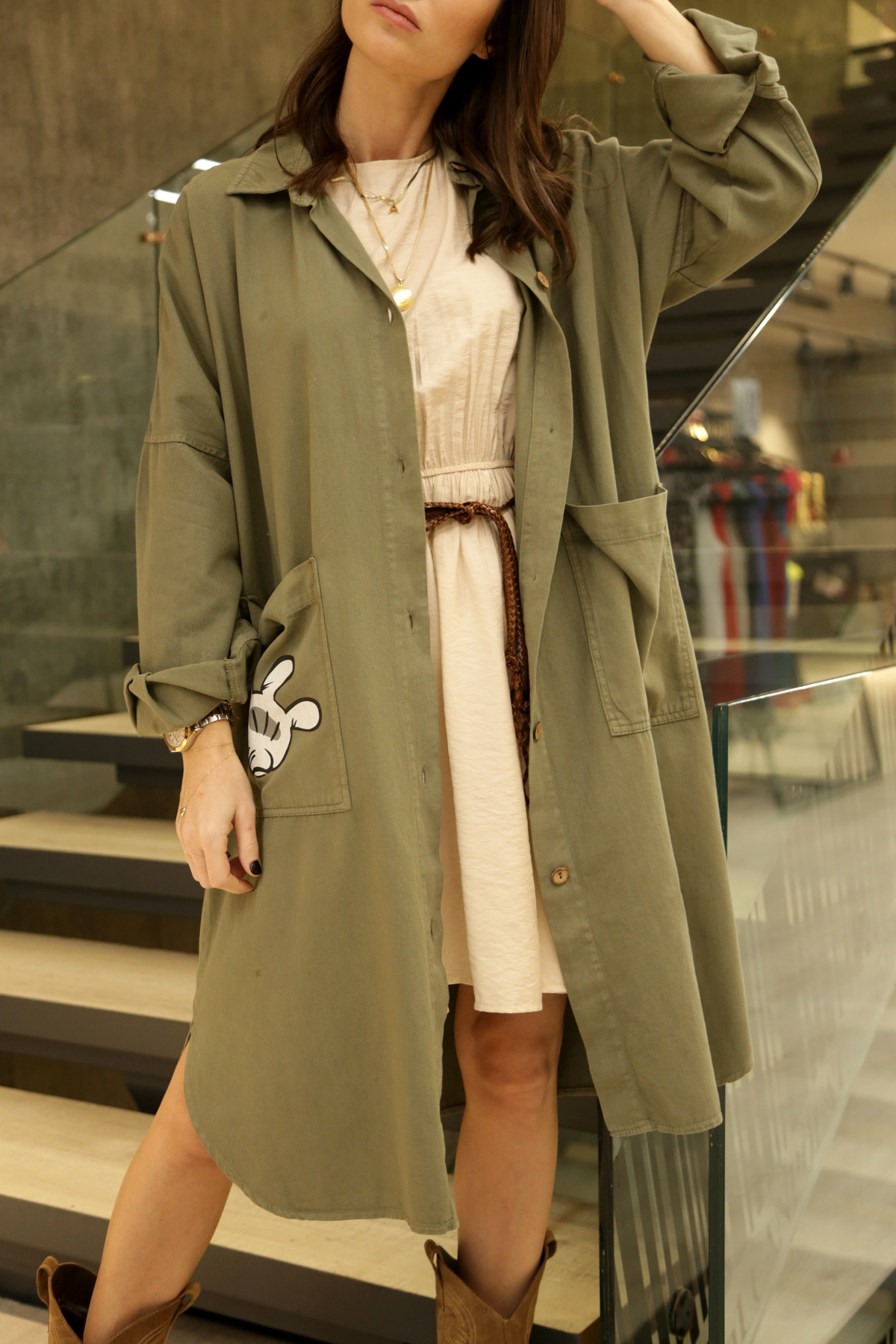 Haki Mickey Mouse Baskılı Trenchcoat R1954