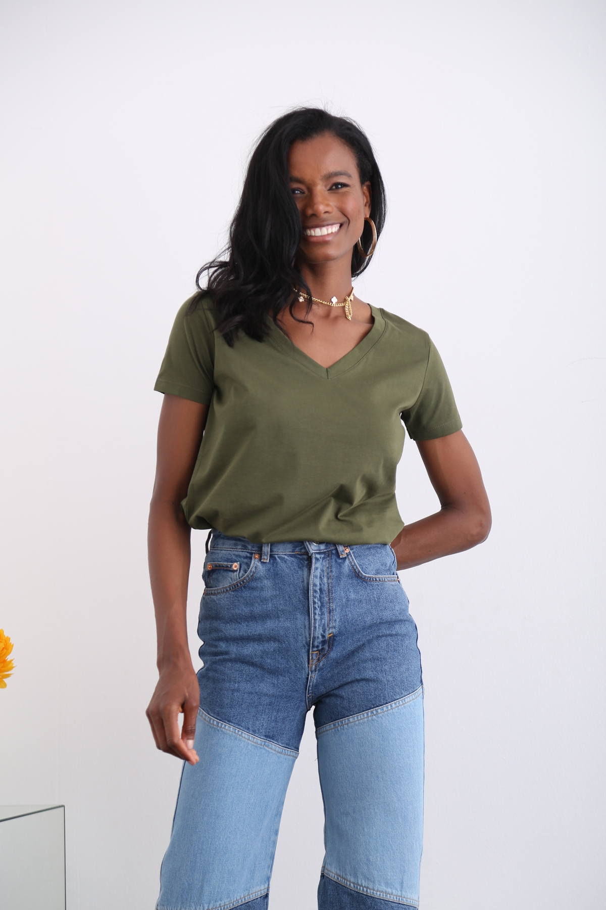 Haki V Yaka Basic Tshirt 1146
