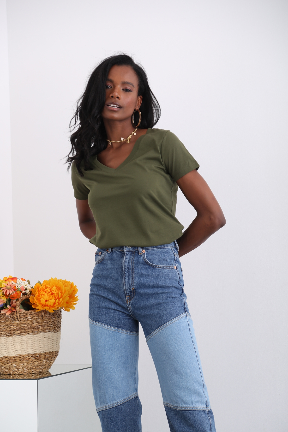 Haki V Yaka Basic Tshirt 1146