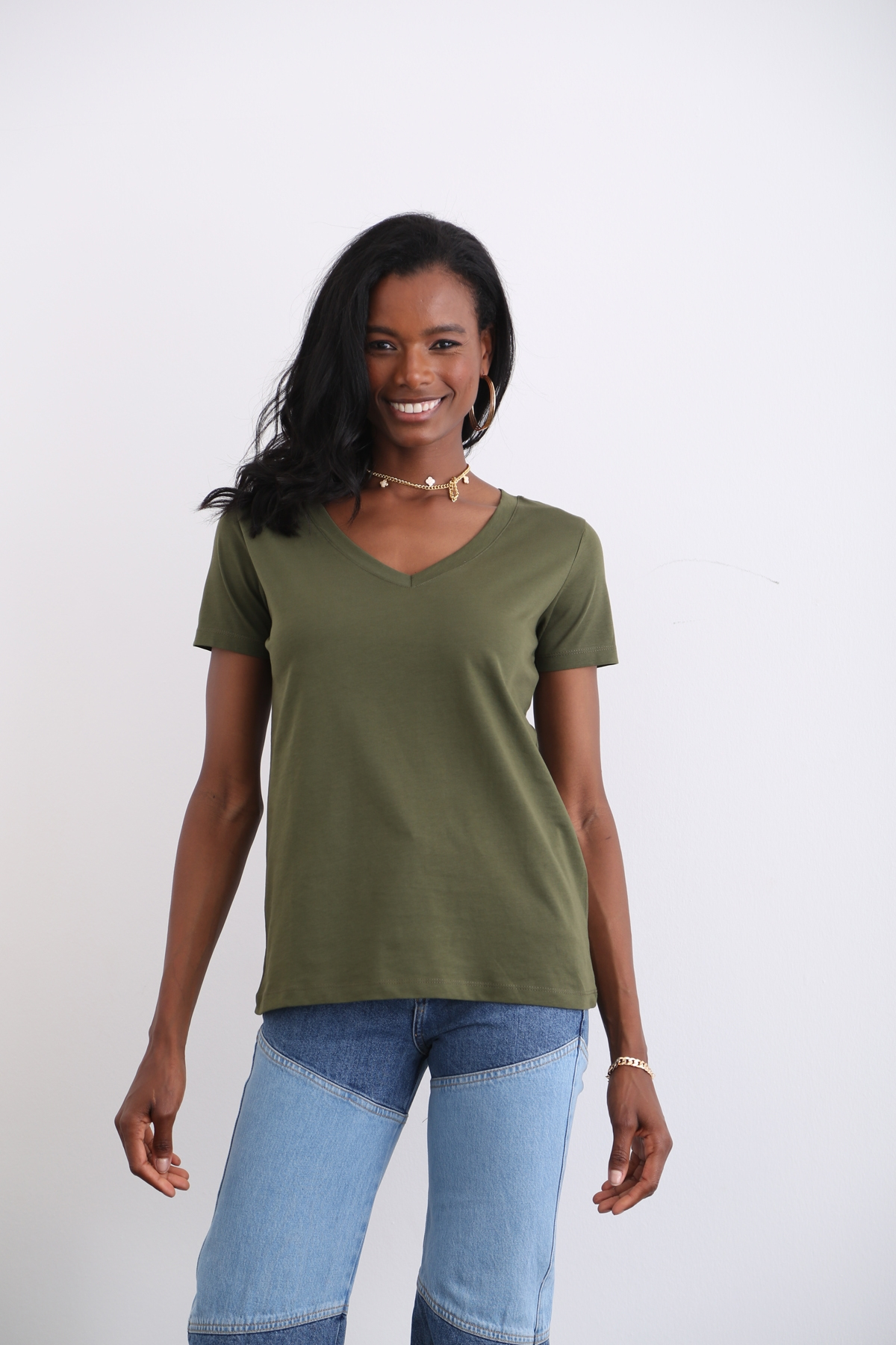 Haki V Yaka Basic Tshirt 1146