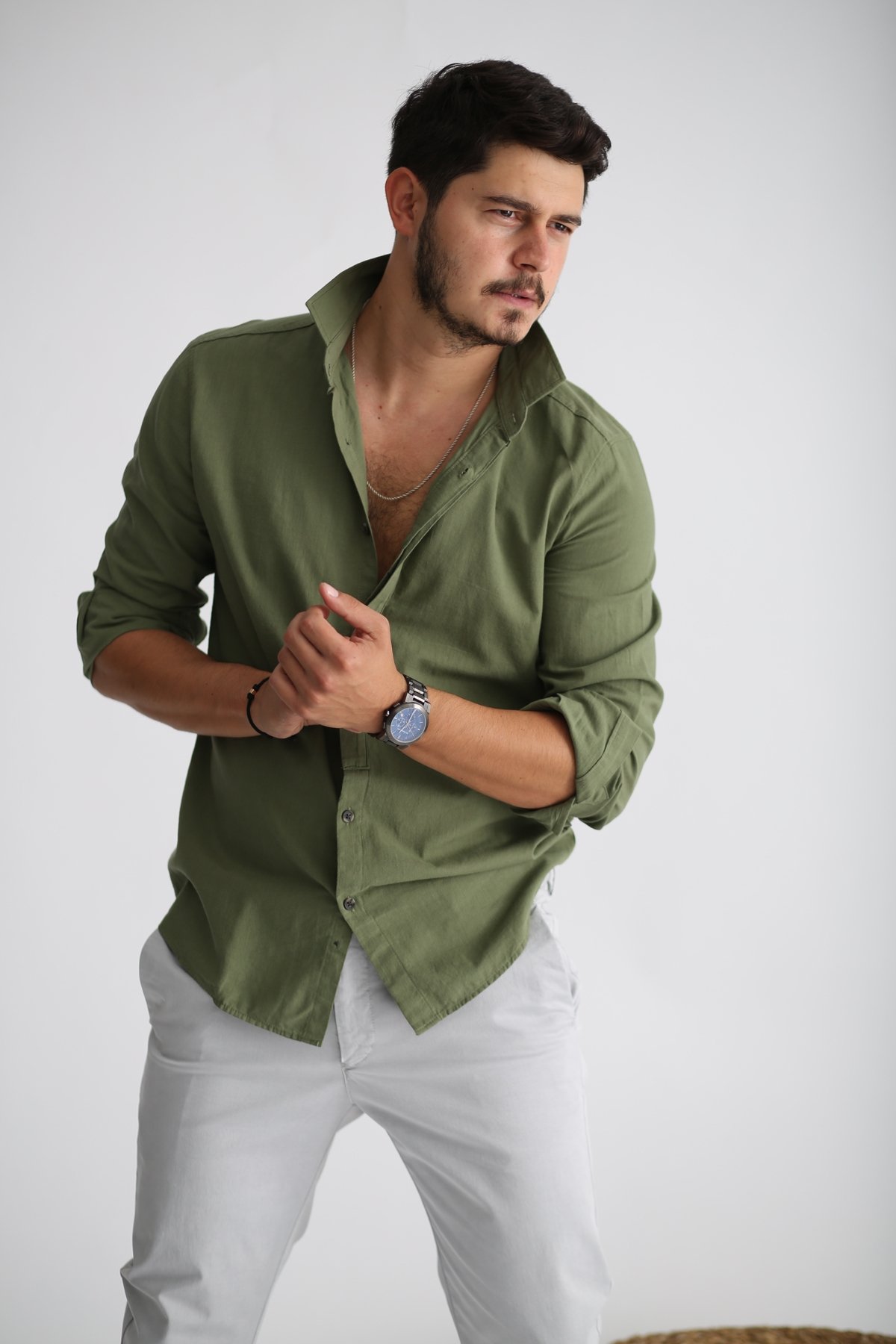 Haki Yarım Patlı Gömlek 11-2262