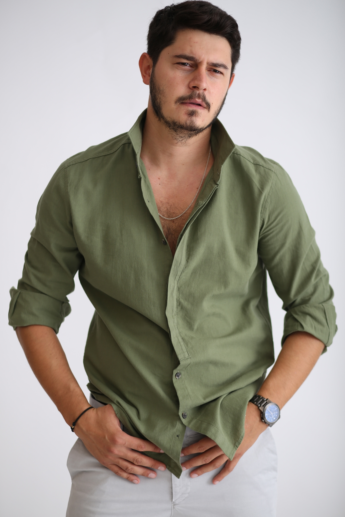 Haki Yarım Patlı Gömlek 11-2262