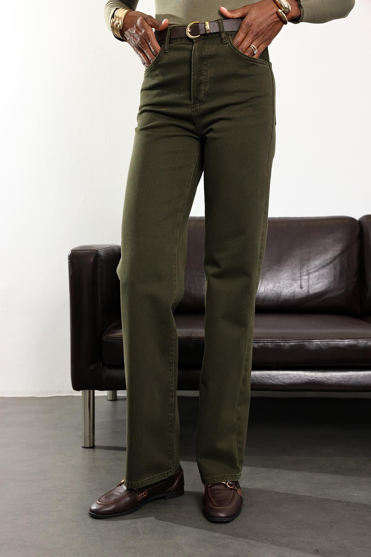 Haki Yüksek Bel Straight Jean 