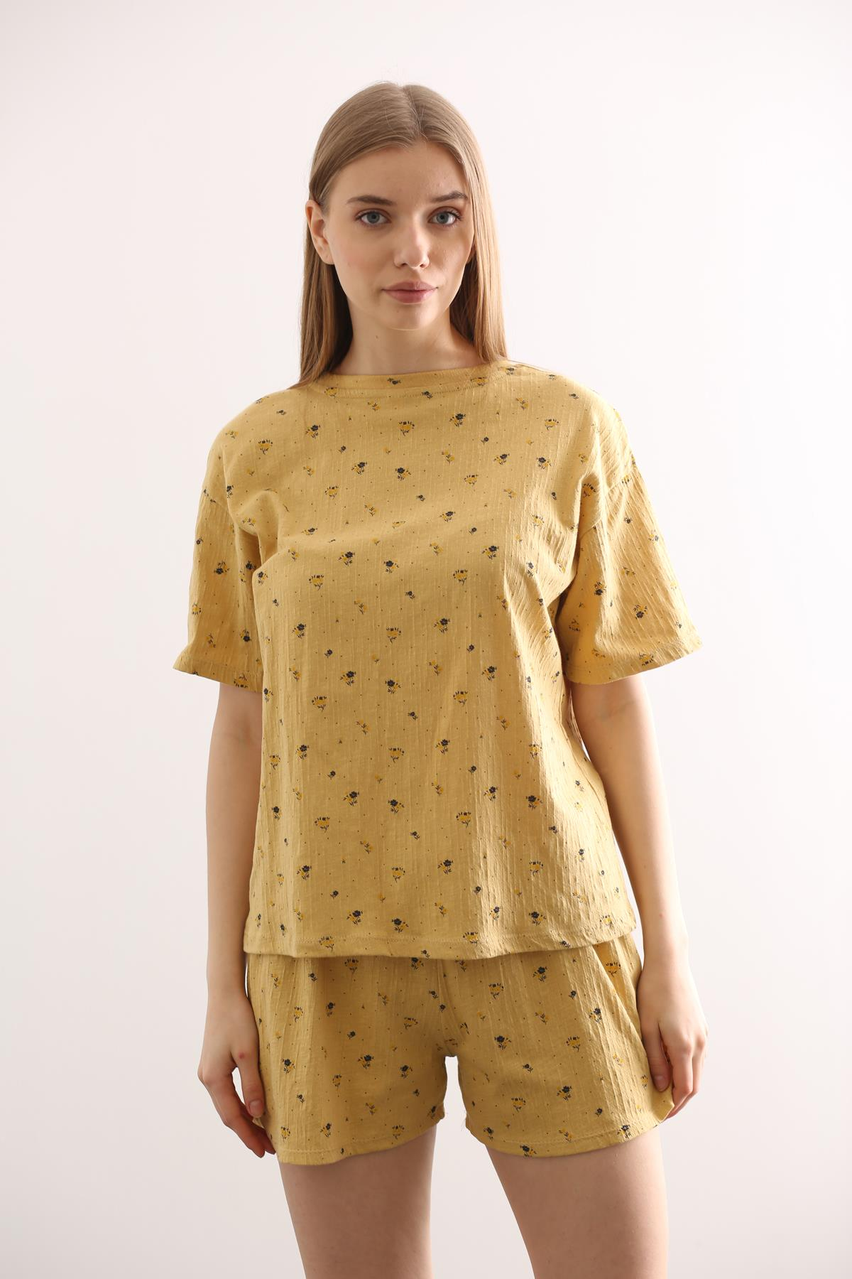 Hardal Çiçekli Şortlu Pijama Takım 