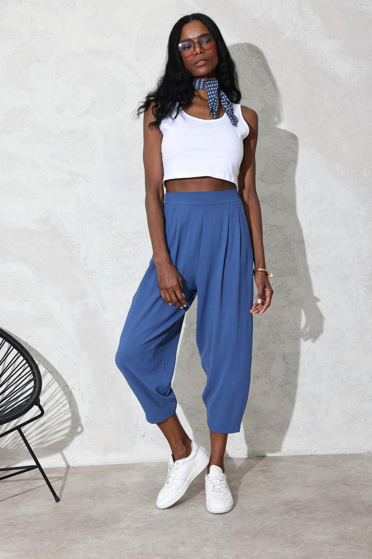indigo Arka Beli Lastikli Şalvar Pantolon 0226