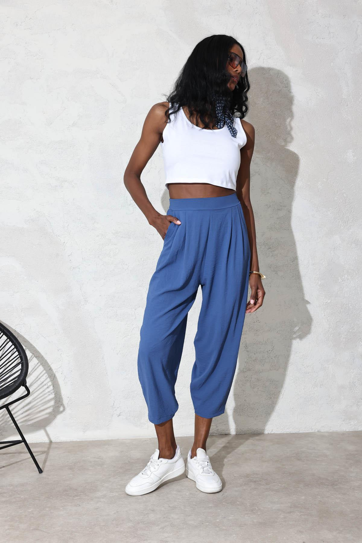 indigo Arka Beli Lastikli Şalvar Pantolon 0226