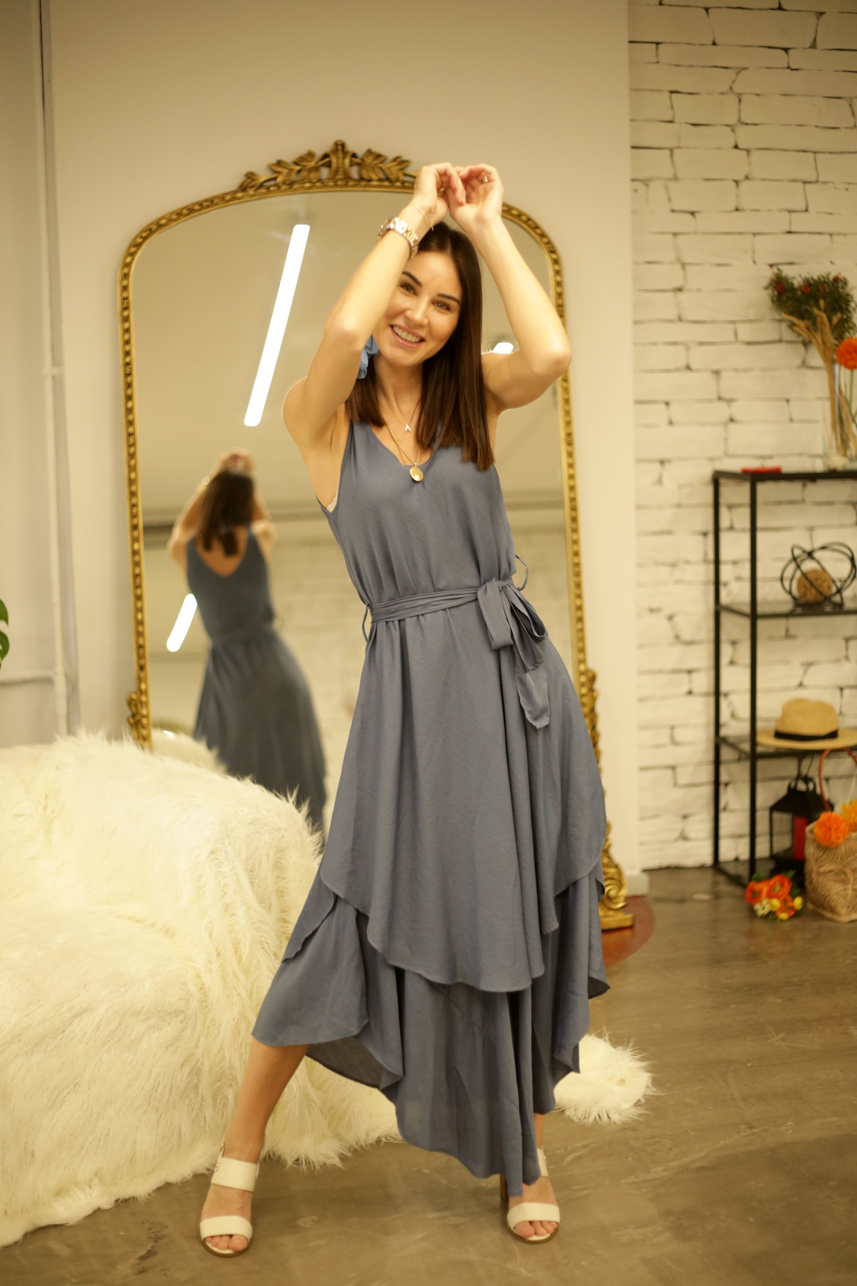 indigo Asimetrik Volanlı Elbise 060